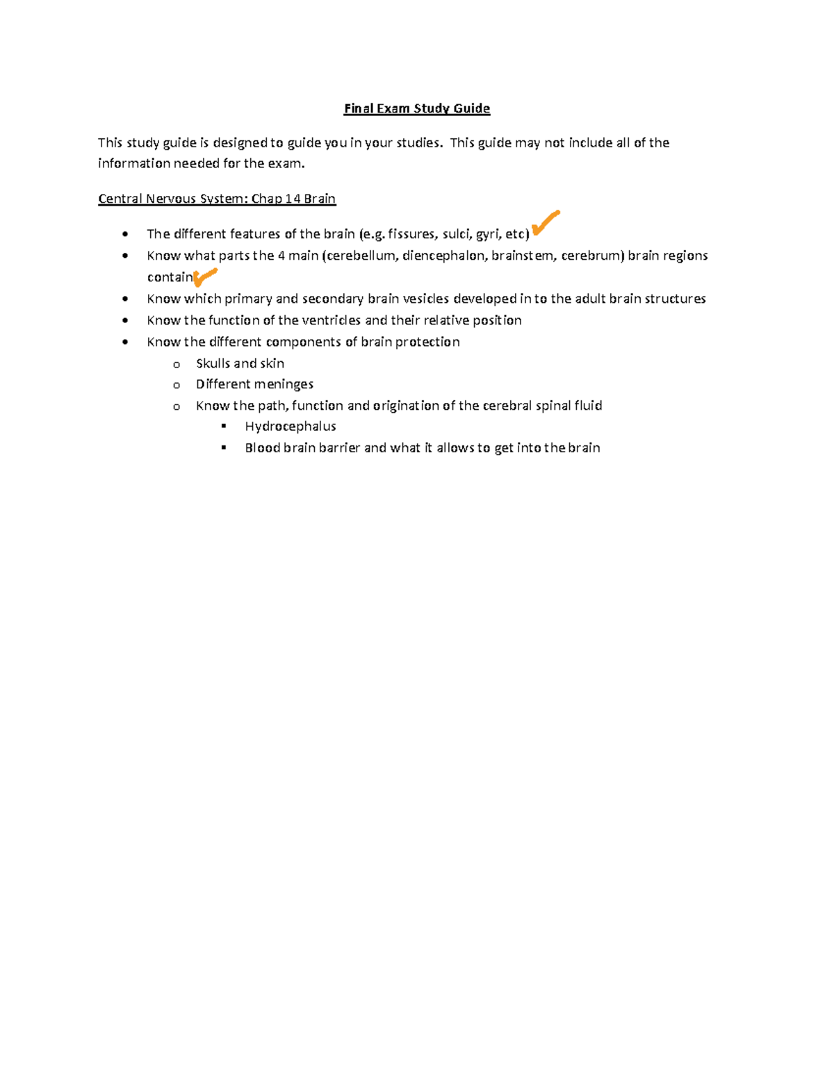 Final Exam Study Guide: CNS & Brain Concepts Overview - Studocu