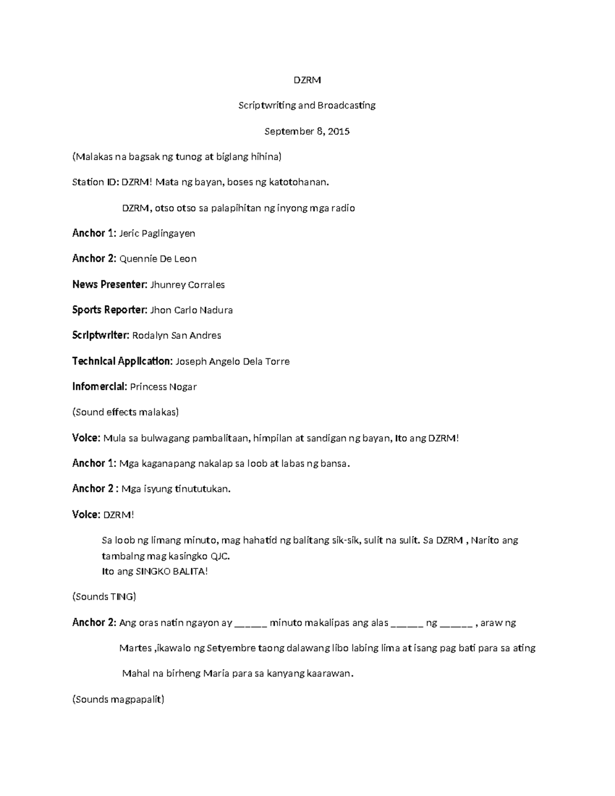 DZRM Filipino Radio Broadcasting Script 2: Balitaan at Sports Reporting - Document Preview