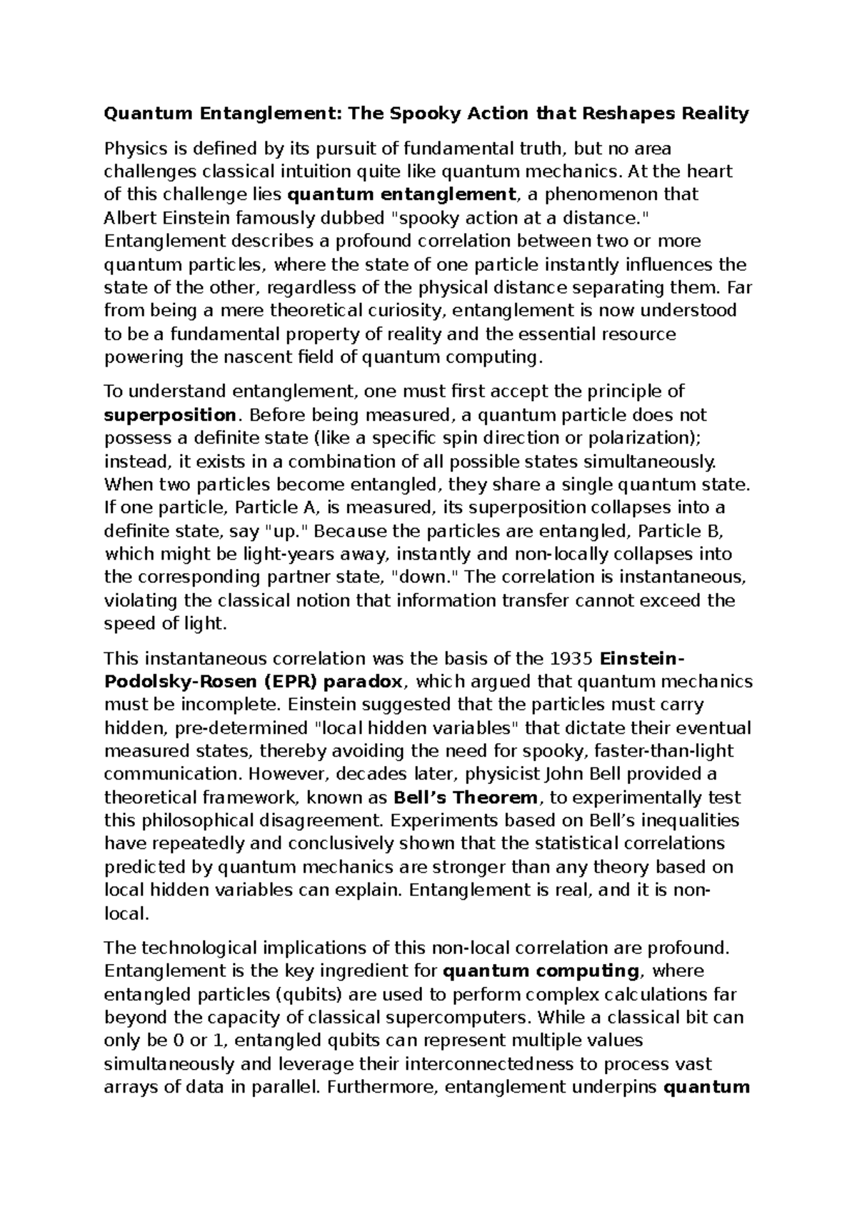 Quantum Entanglement: Insights and Implications for Physics (MECH 5 ...