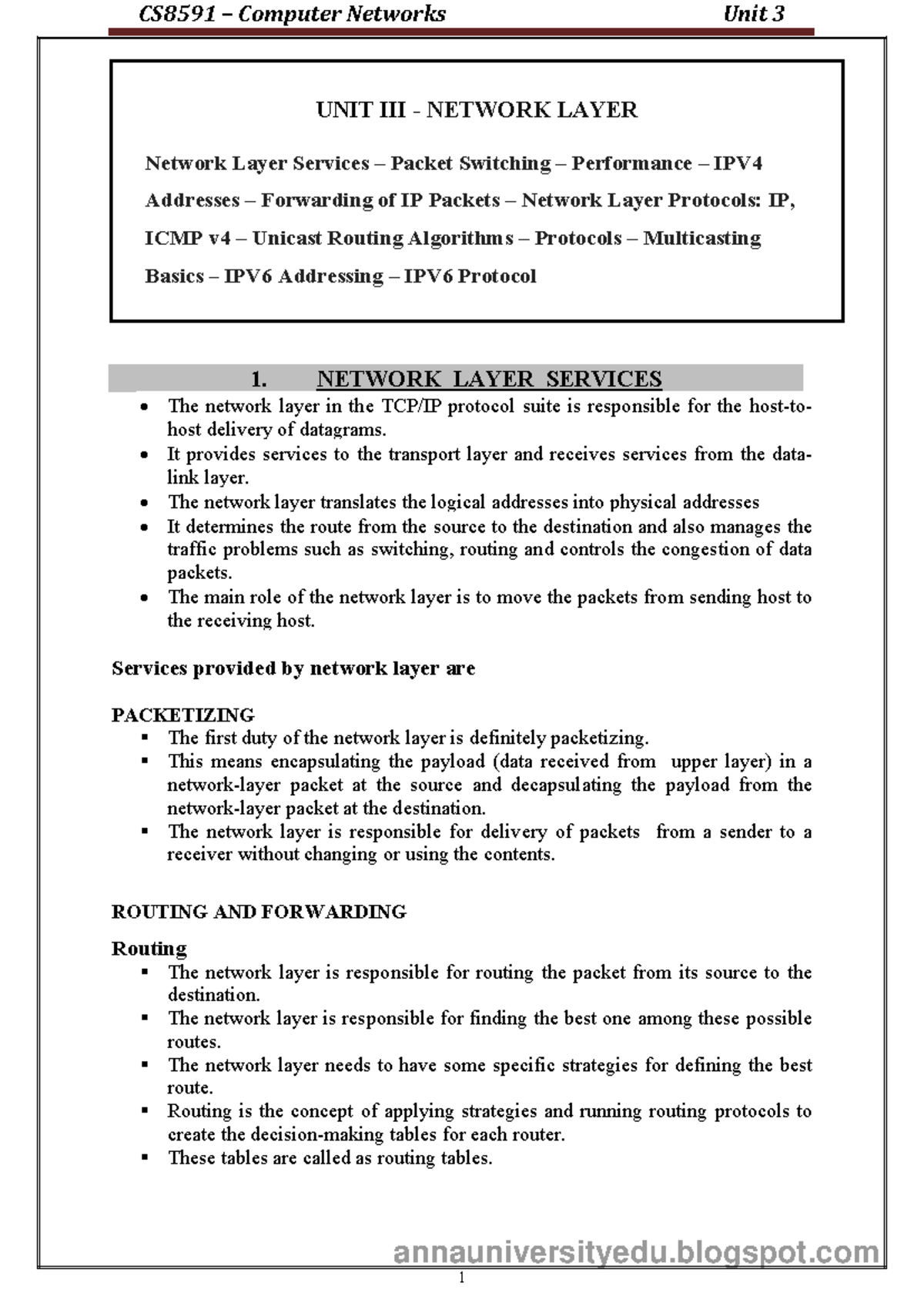 Computer Networks CS8591 Unit 3 - 1. NETWORK LAYER SERVICES The network ...