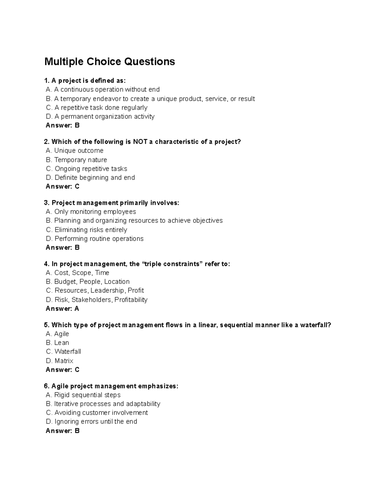 PROJ. MAN. Practice Test: Multiple Choice Questions Overview - Studocu