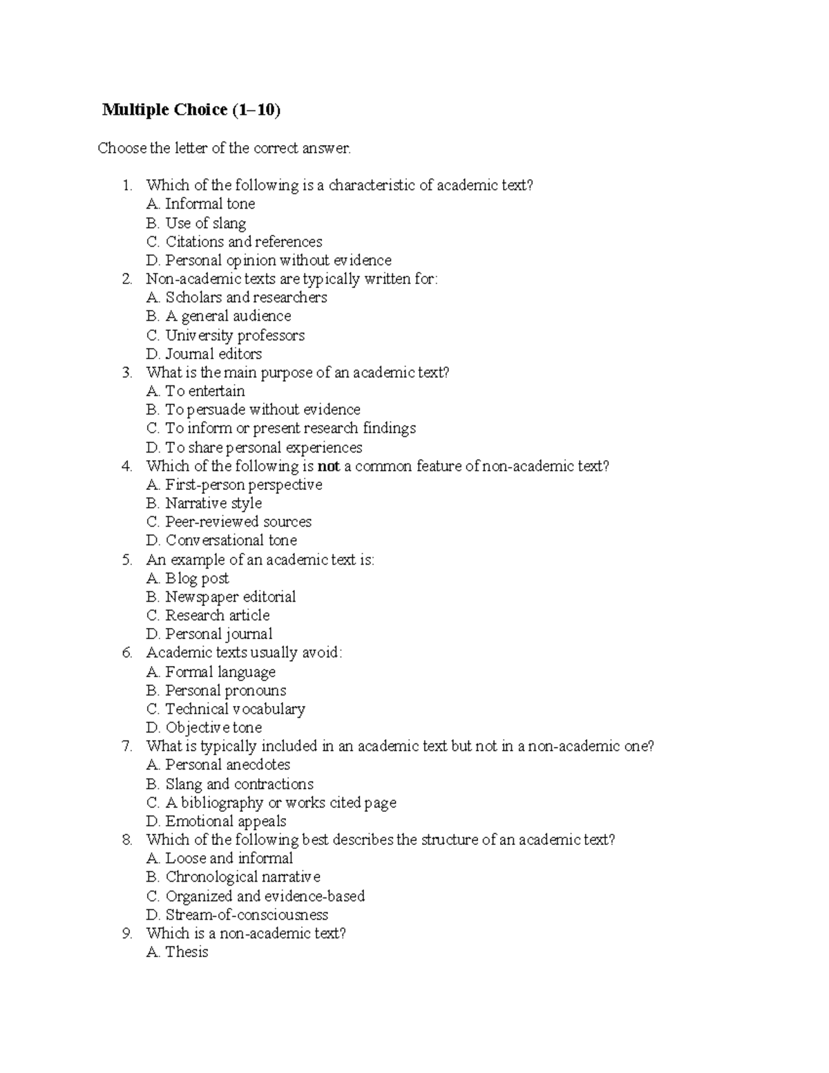 30-Item Test on Academic vs Non-Academic Texts - Studocu