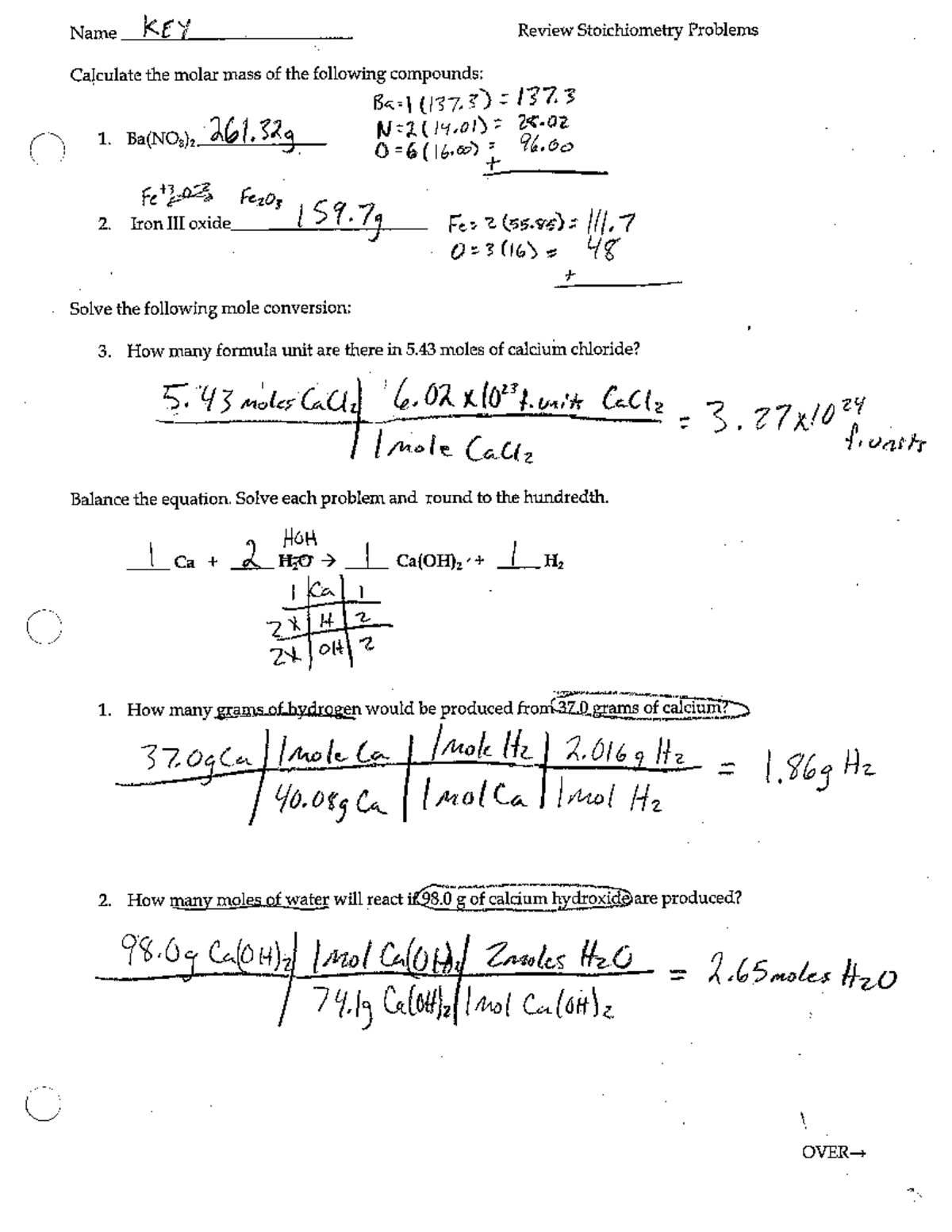 Review of Stoichiometry Problems (KEY) - Studocu