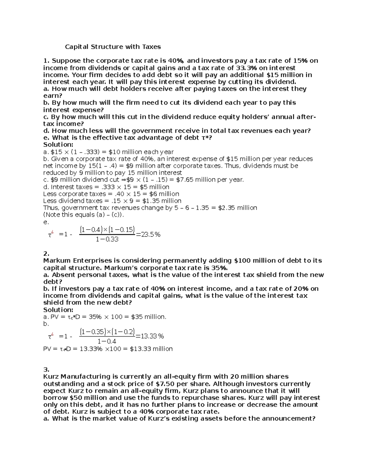 Practice set, exercise set 4, solutions - Capital Structure with Taxes ...