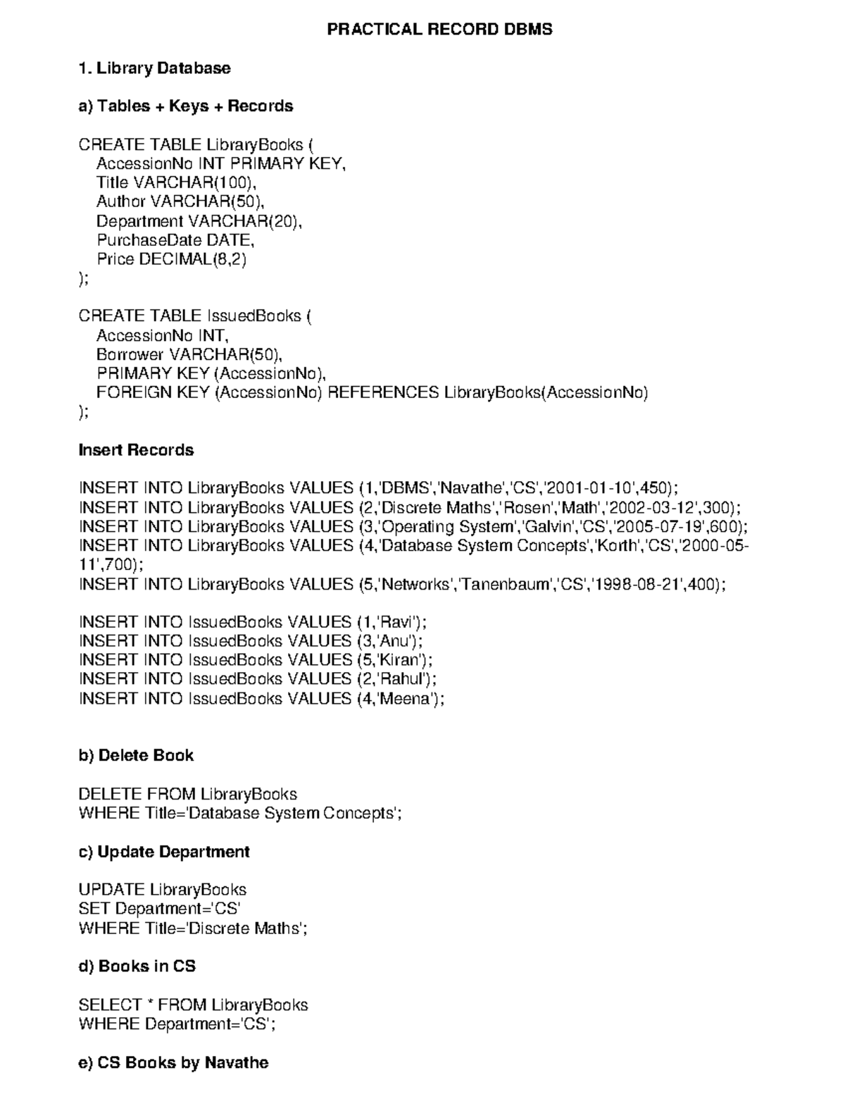 Practical Record for DBMS: Library, Student, Employee Databases - Studocu