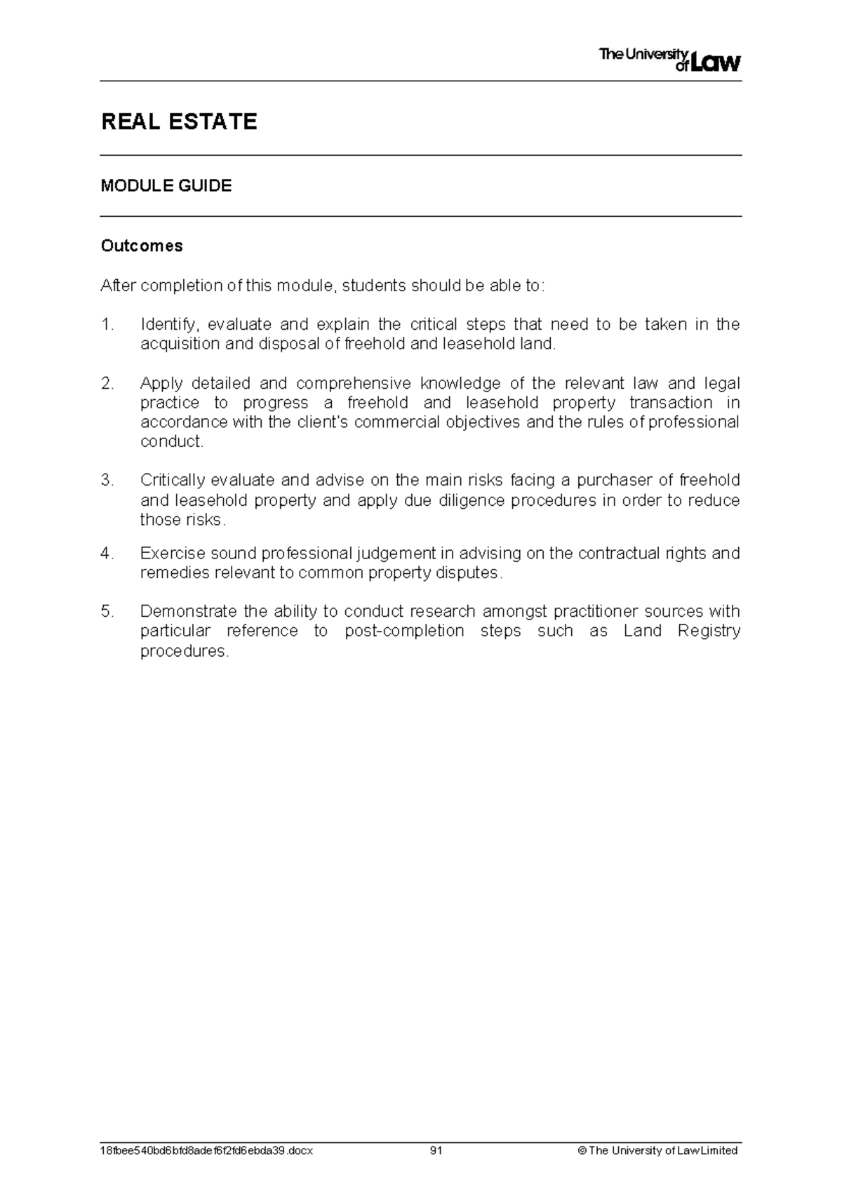 Real Estate Law Module Guide (CE01) - Key Outcomes & Syllabus - Studocu
