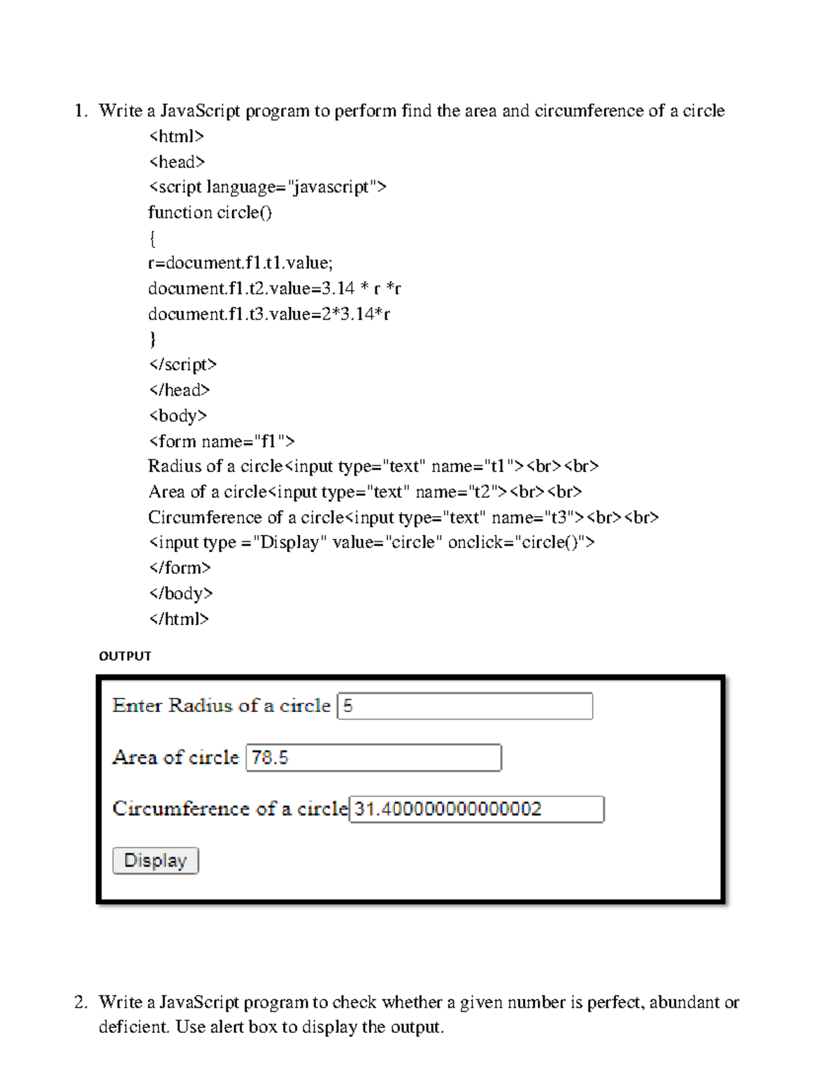 JavaScript Programming Exercises: Area, Number Types, and More - Studocu