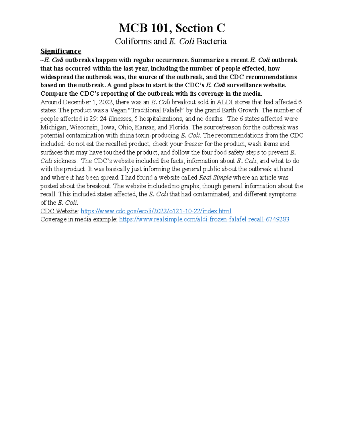 MCB 101 Lab Report 8: E. Coli Outbreak Analysis and Results - Studocu