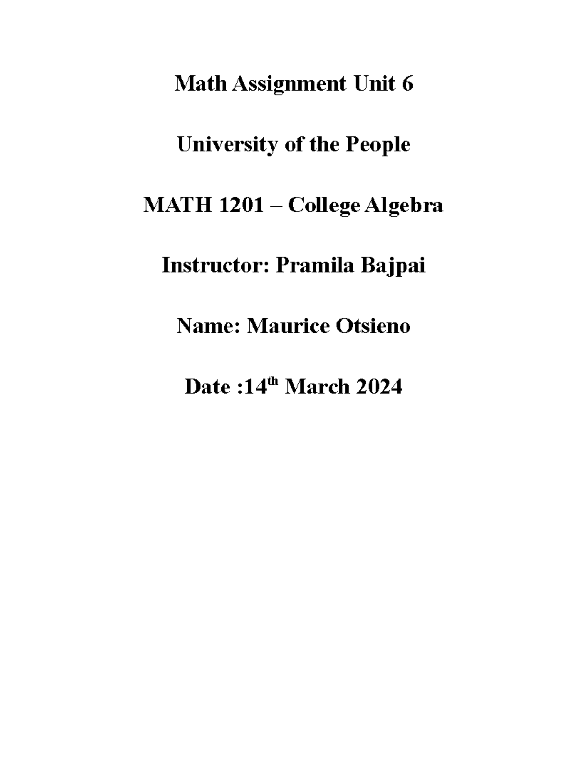 Math 1201: College Algebra Unit 6 Assignment on Trigonometric Functions ...