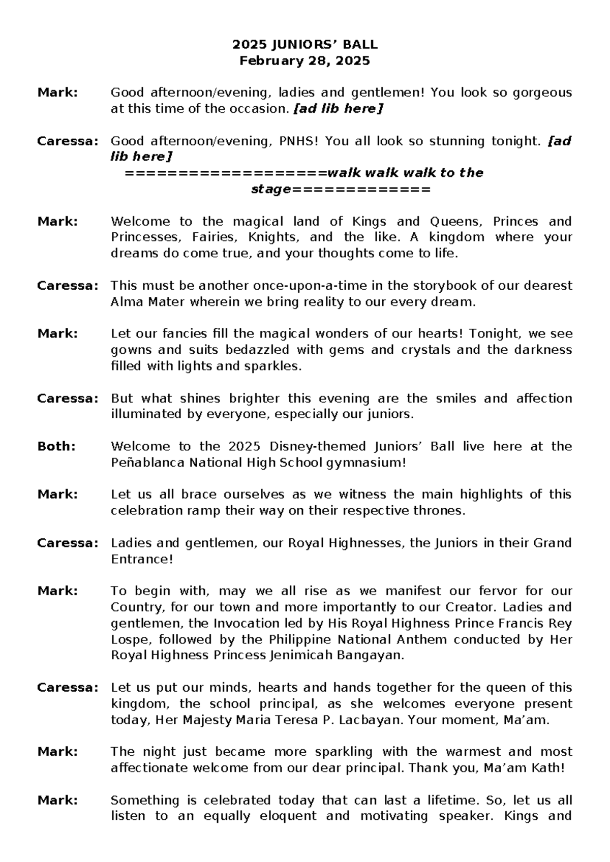2025 Juniors’ Ball Script - Magical Night at PNHS - Studocu