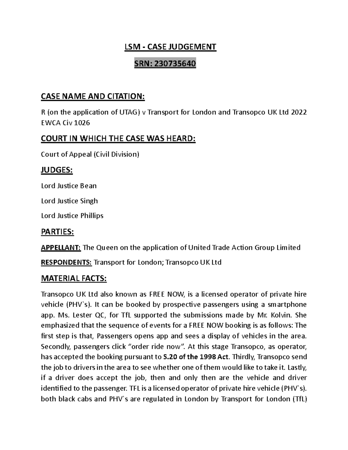 LSM Case Study: R (UTAG) v Transport for London & Transopco UK Ltd ...
