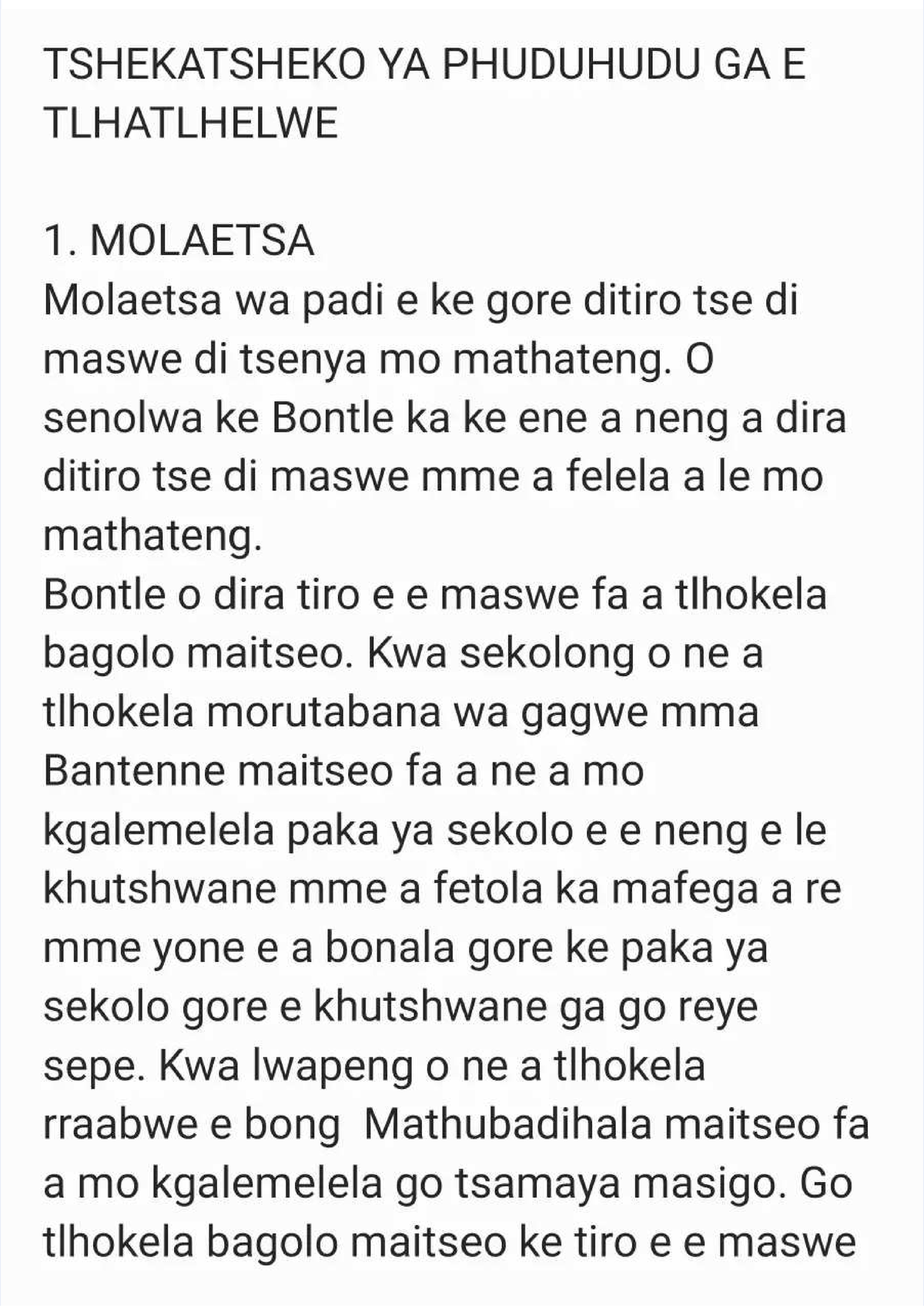 TSHEKATSHEKO YA PHUDUHUDU GA E TLHATLHELWE: DITIRO TSE DI MASWE - Studocu