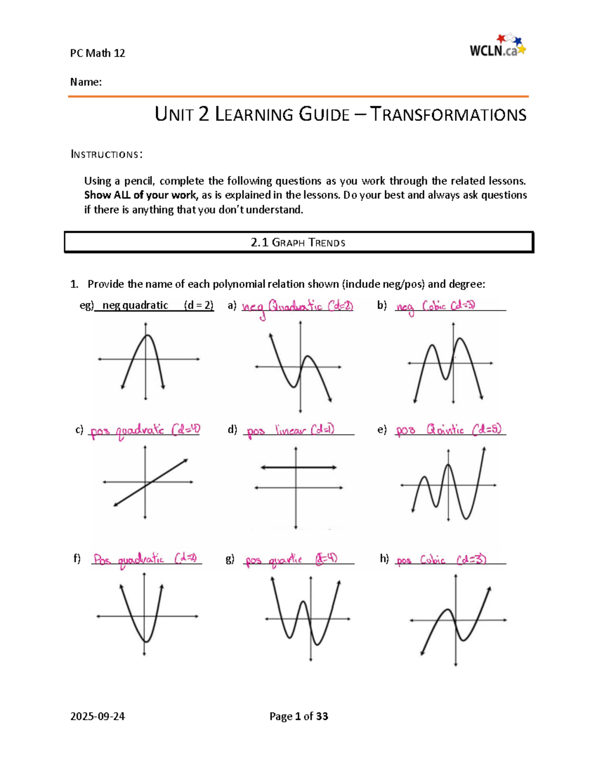 PC Math 12 Unit 2 Learning Guide – Transformations - Studocu
