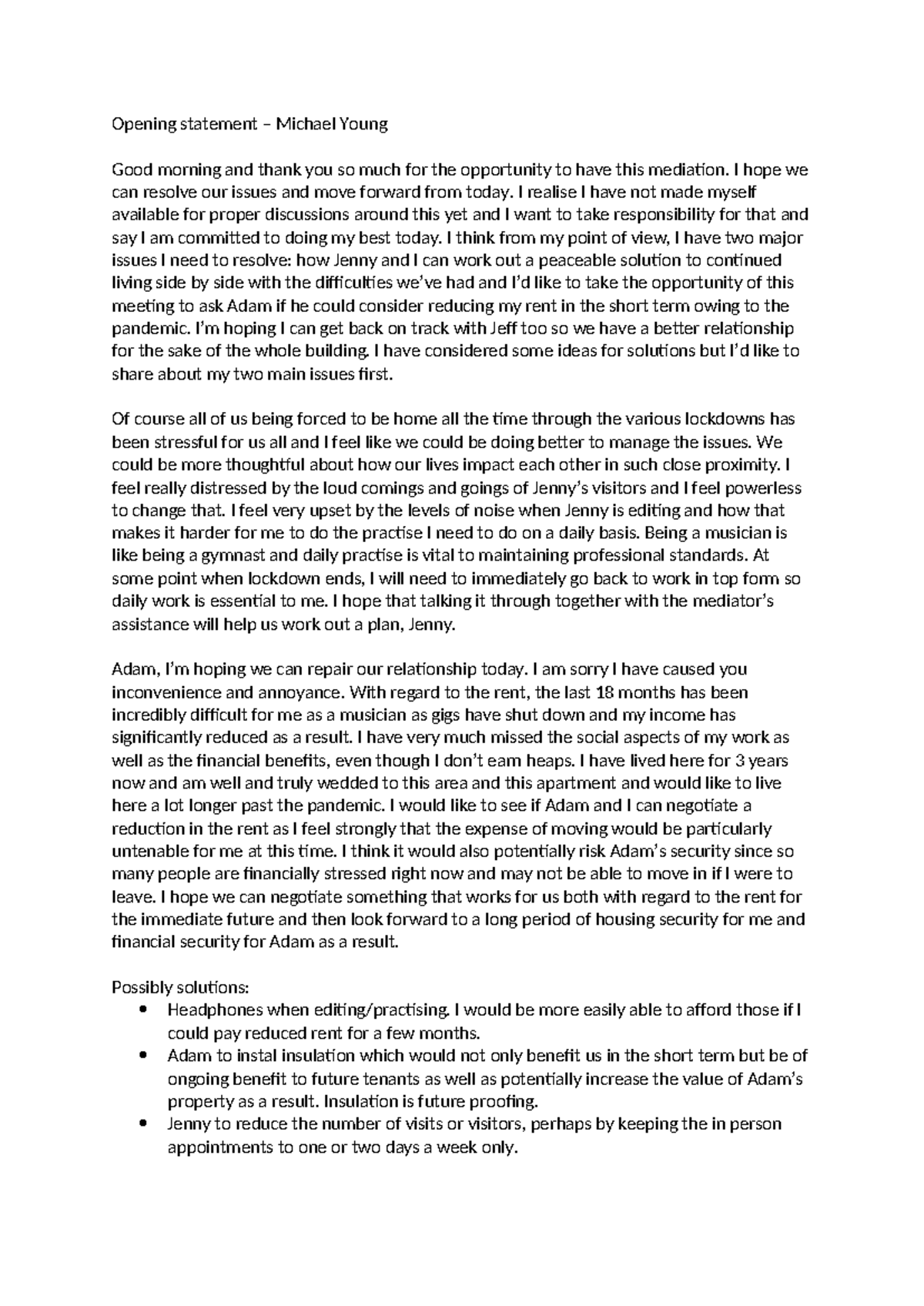 Mediation Opening Statement: Addressing Rent & Noise Issues - Studocu