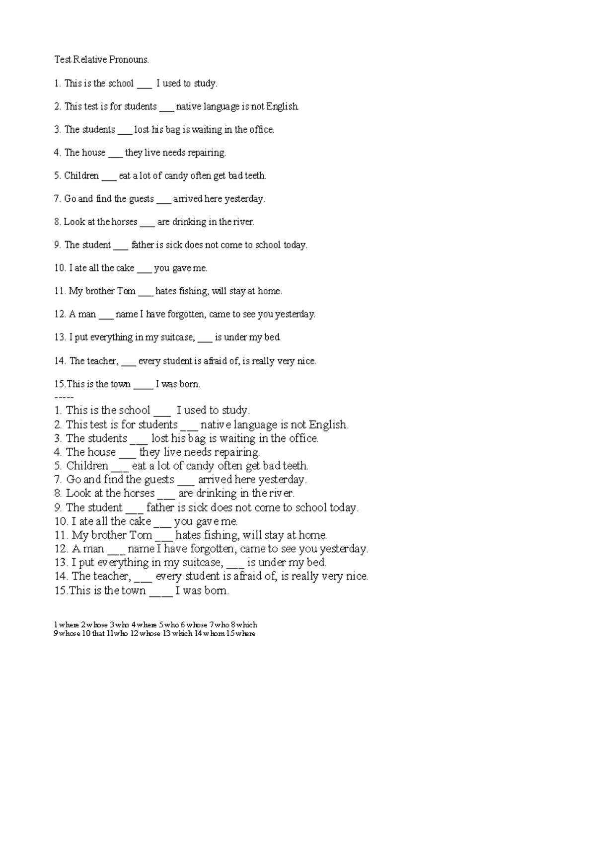 Test on Relative Pronouns: Exercises and Answers - Studocu