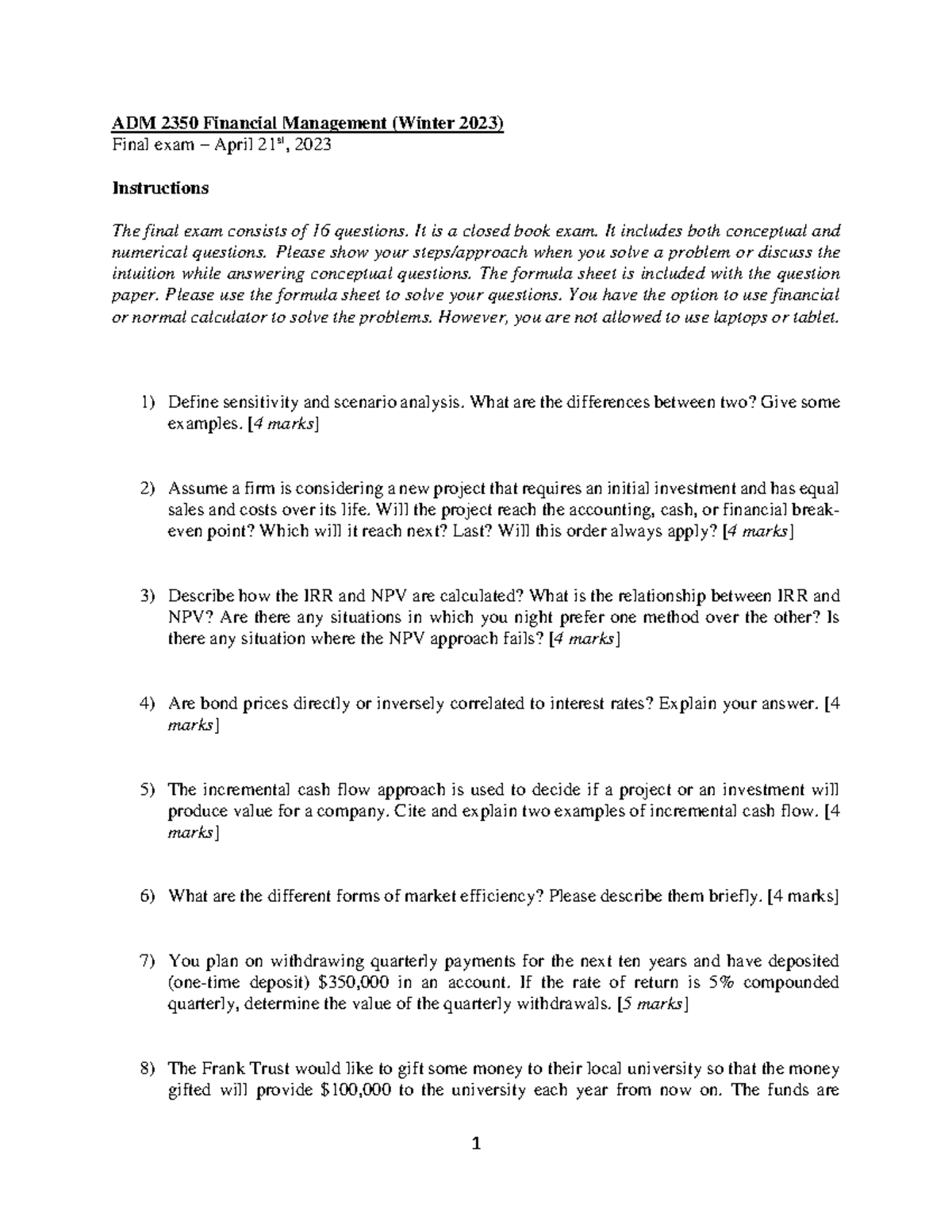 ADM 2350 Financial Management Final Exam Guide (Winter 2023) - Studocu