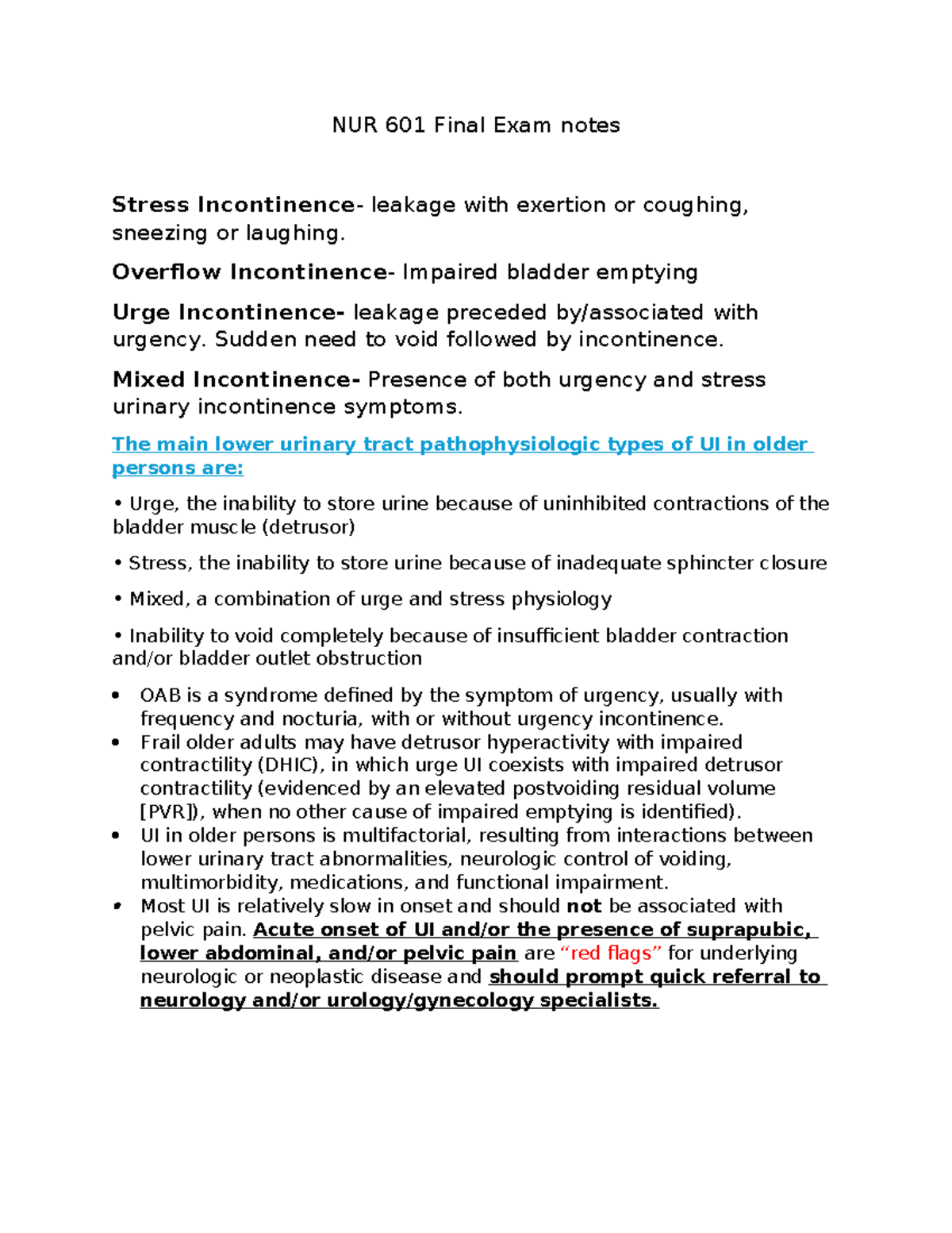 NUR 601 Final Exam Study Notes on Urinary Incontinence and More - Studocu