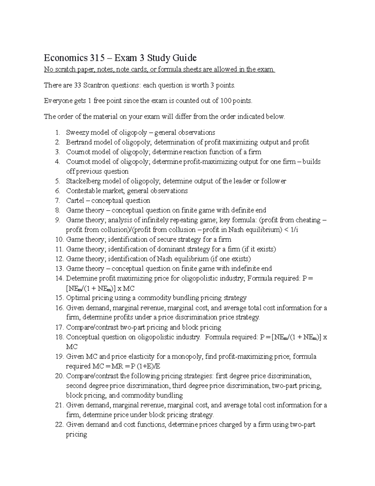 Exam 3 study guide - school materials - Economics 315 – Exam 3 Study ...