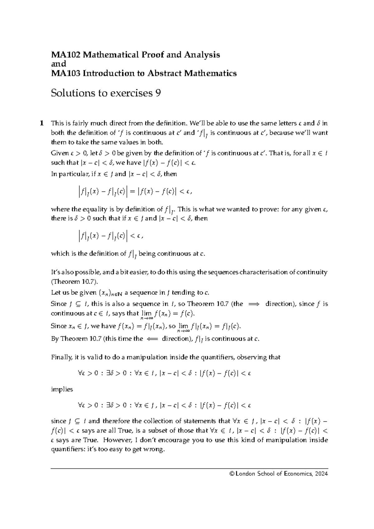 MA102 & MA103 Solutions to Exercises 9: Continuity Proofs and Theorems ...
