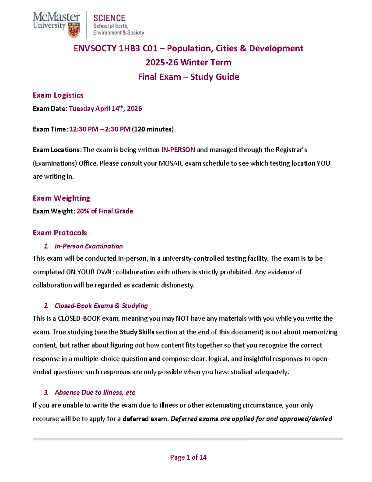 Envsocty 1HB3 C01 Winter 2026 Final Exam Study Guide - Studocu