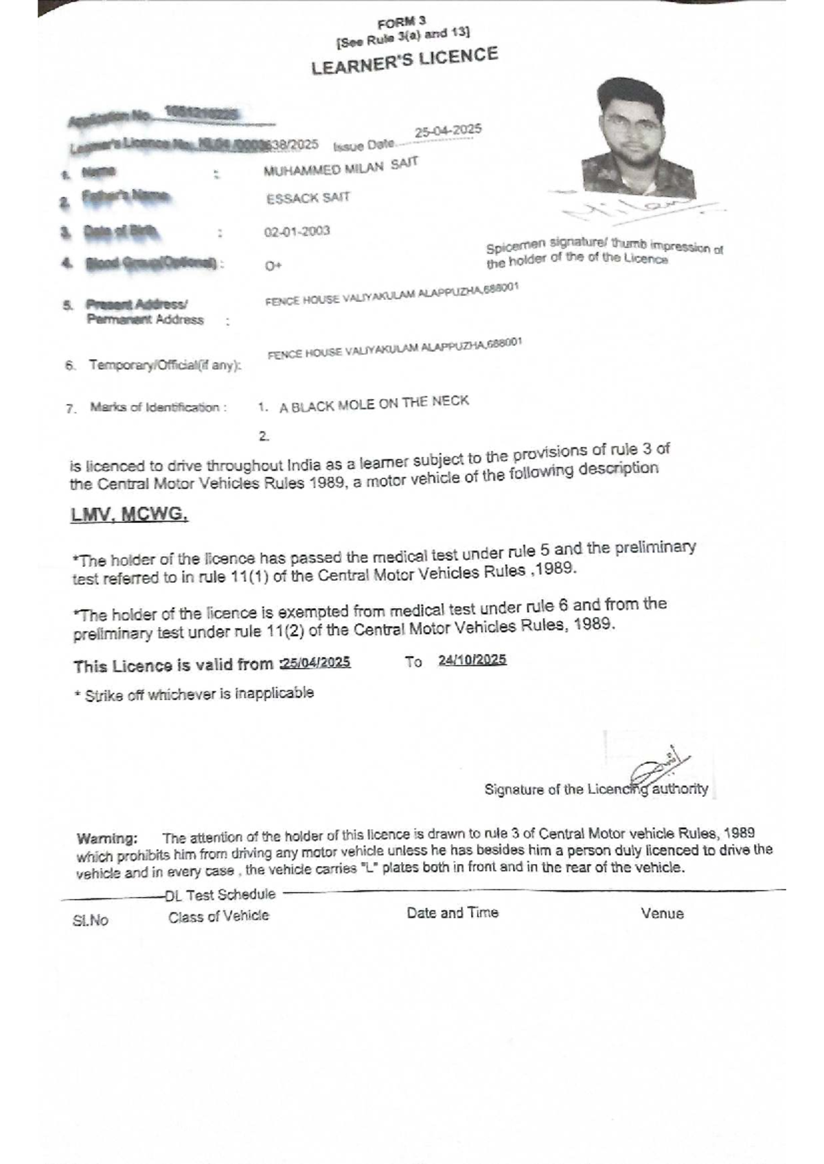 DL Test Schedule and Licence Details - Document 160 - Studocu
