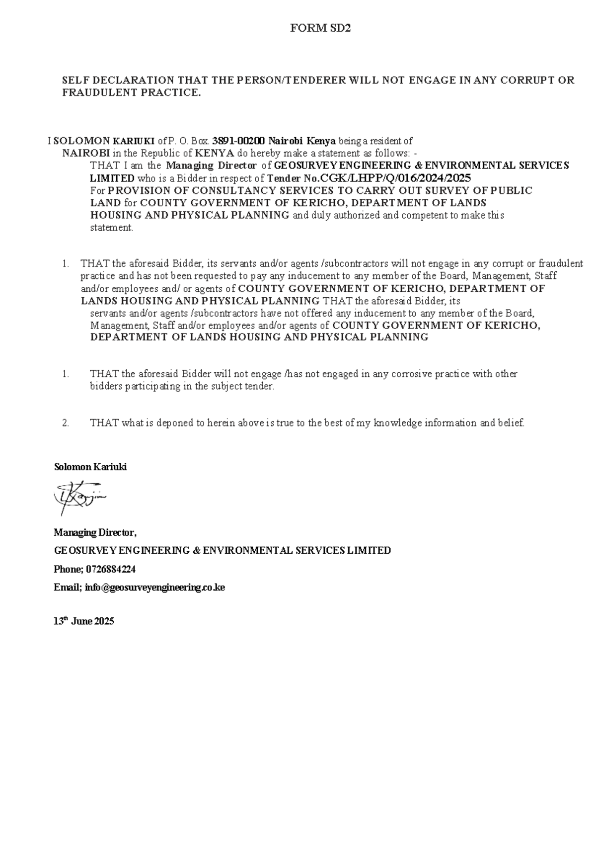 FORM SD2-1-3: DECLARATION OF NO CORRUPTION IN TENDER PROCESS - Studocu