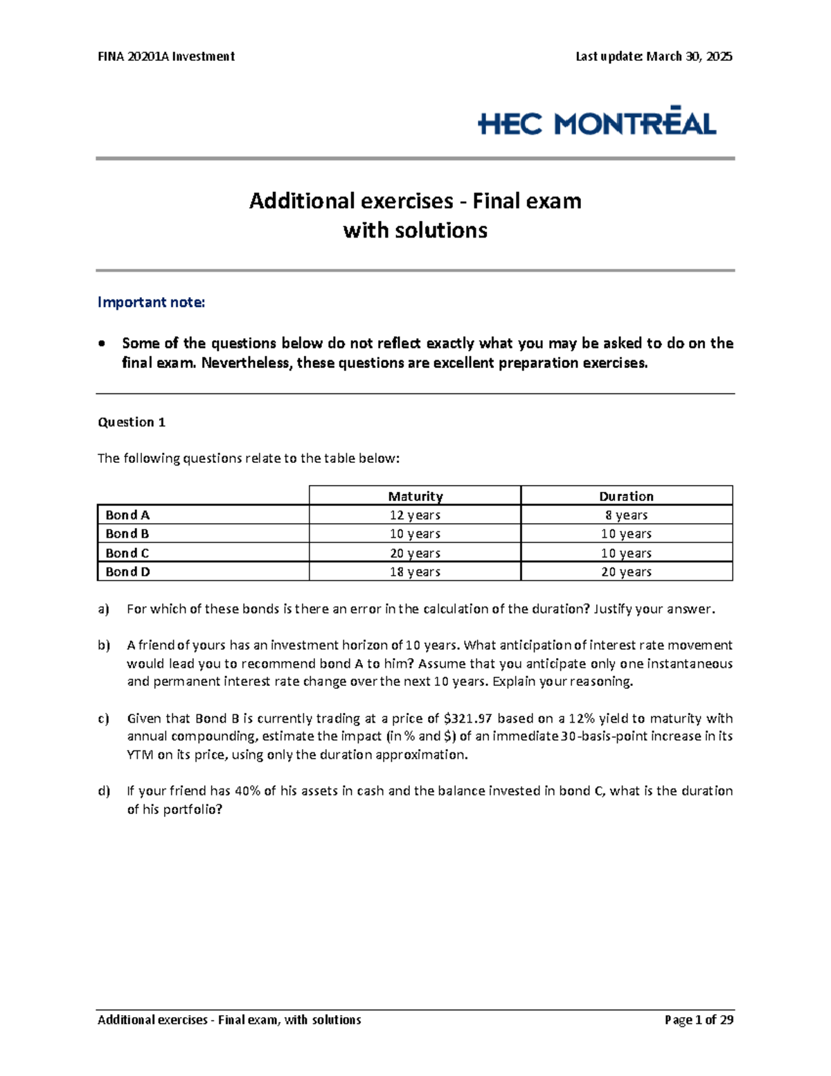 FINA 20201 A Additional exercises final exam with solutions ...