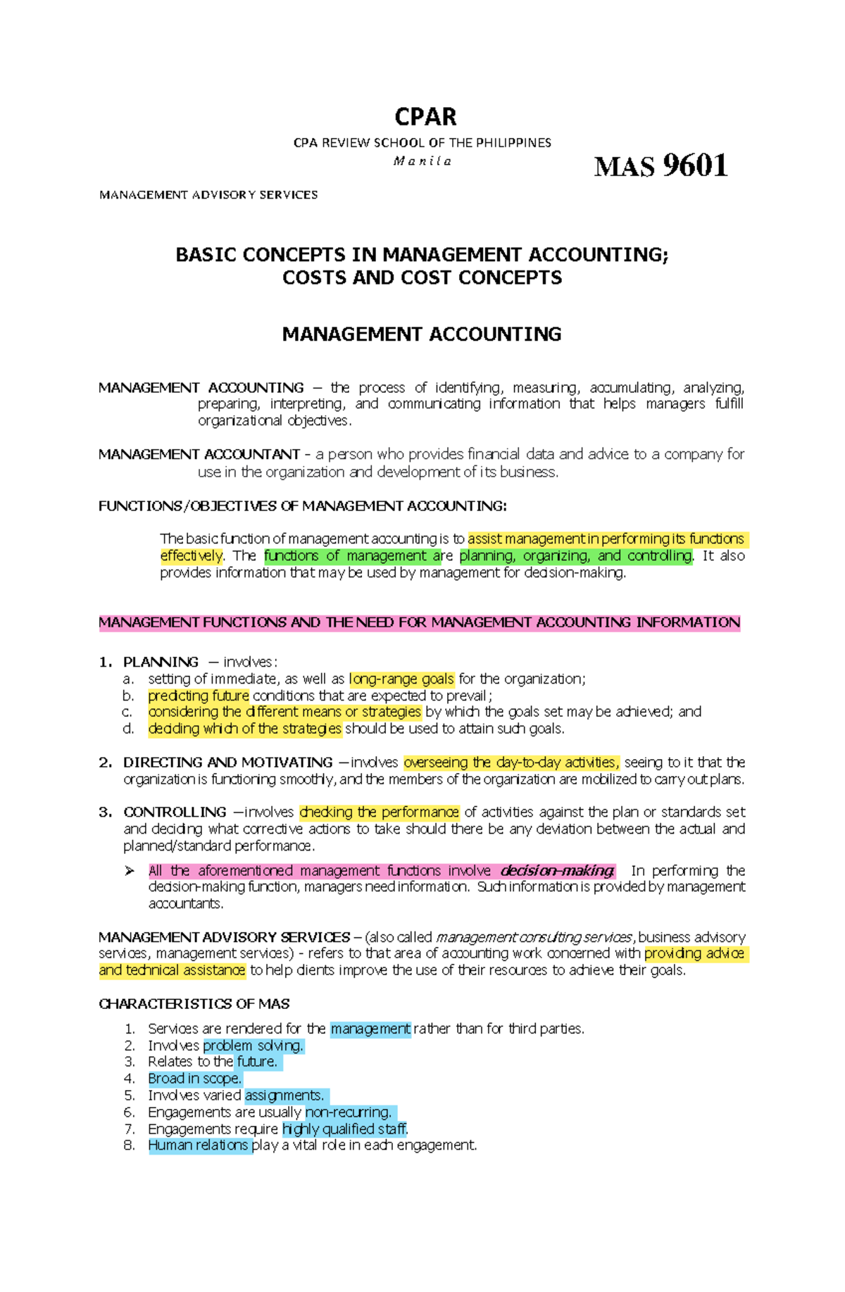 MAS 9601 Management Advisory Services: Cost Concepts and Analysis - Studocu