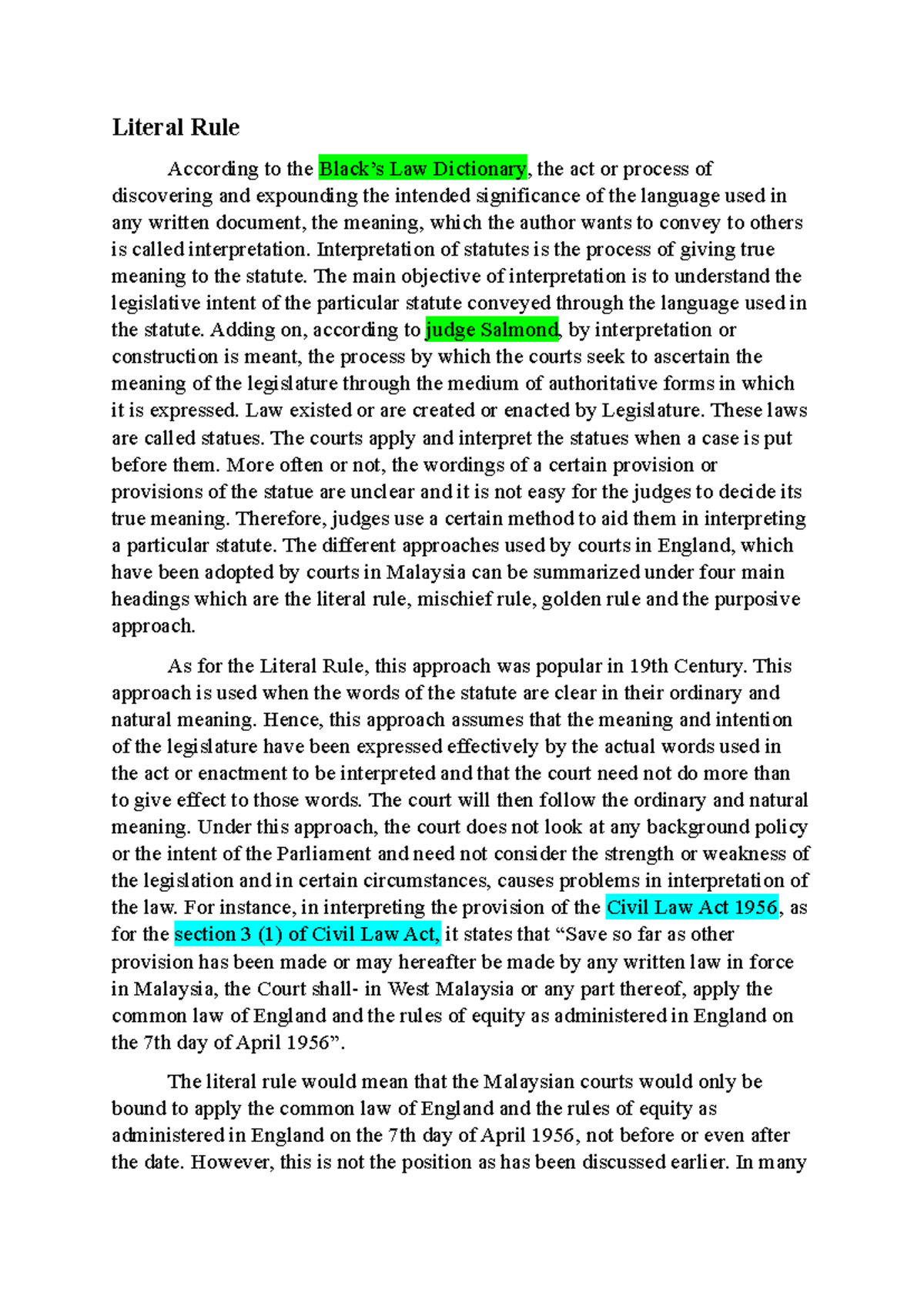 Interpretation of Statute - Literal Rule According to the Black’s Law ...