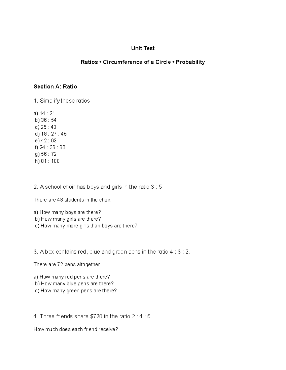 Math Unit Test: Ratios, Circumference, and Probability (Section A-C ...
