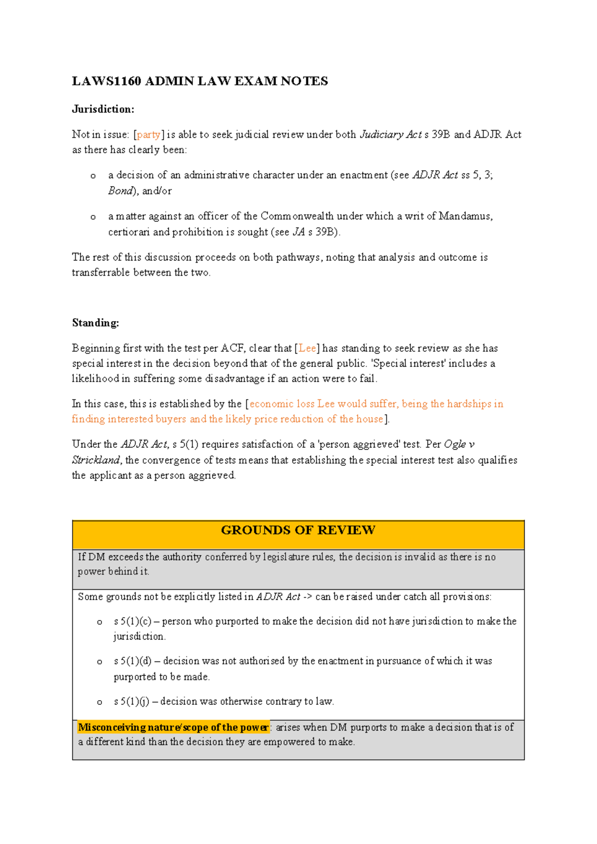 LAWS1160 Admin Law Final Exam Notes: Key Concepts & Jurisdiction - Studocu