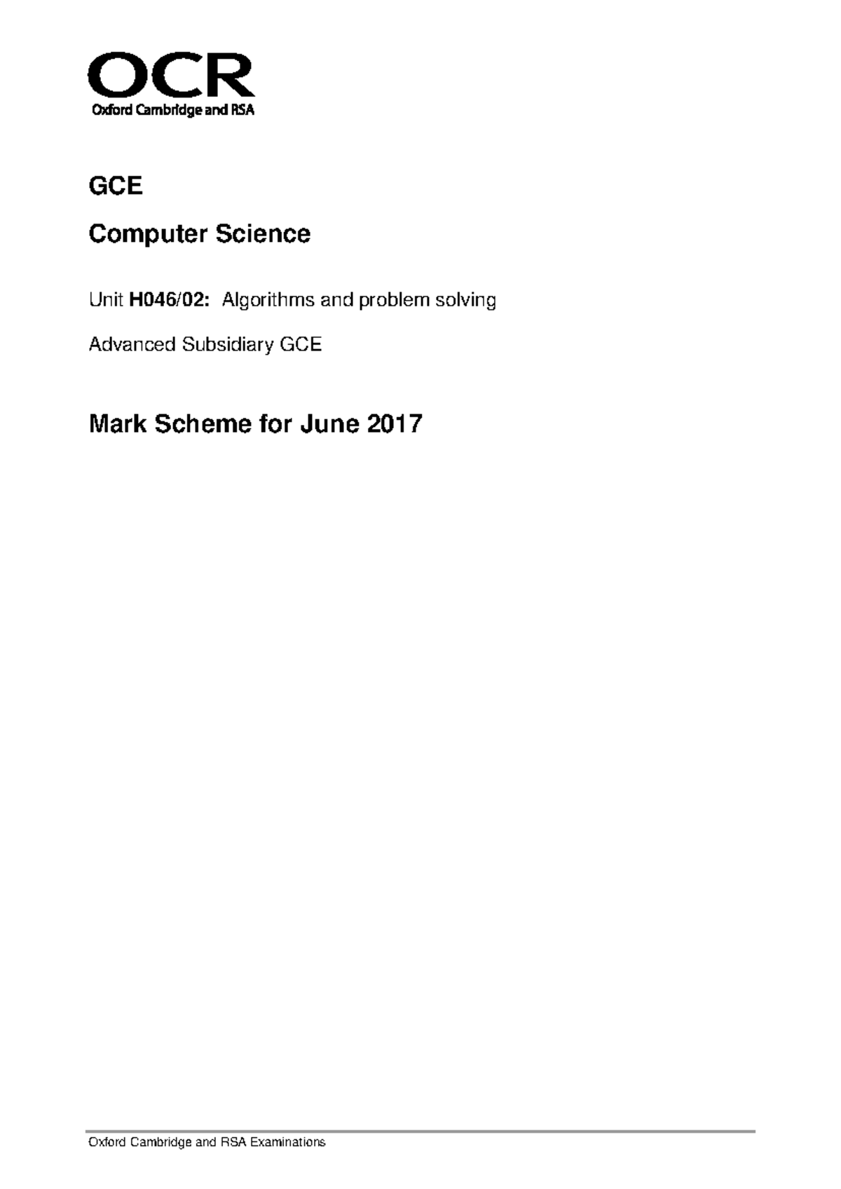 GCE Computer Science Unit: Algorithms & Problem Solving Mark Scheme ...