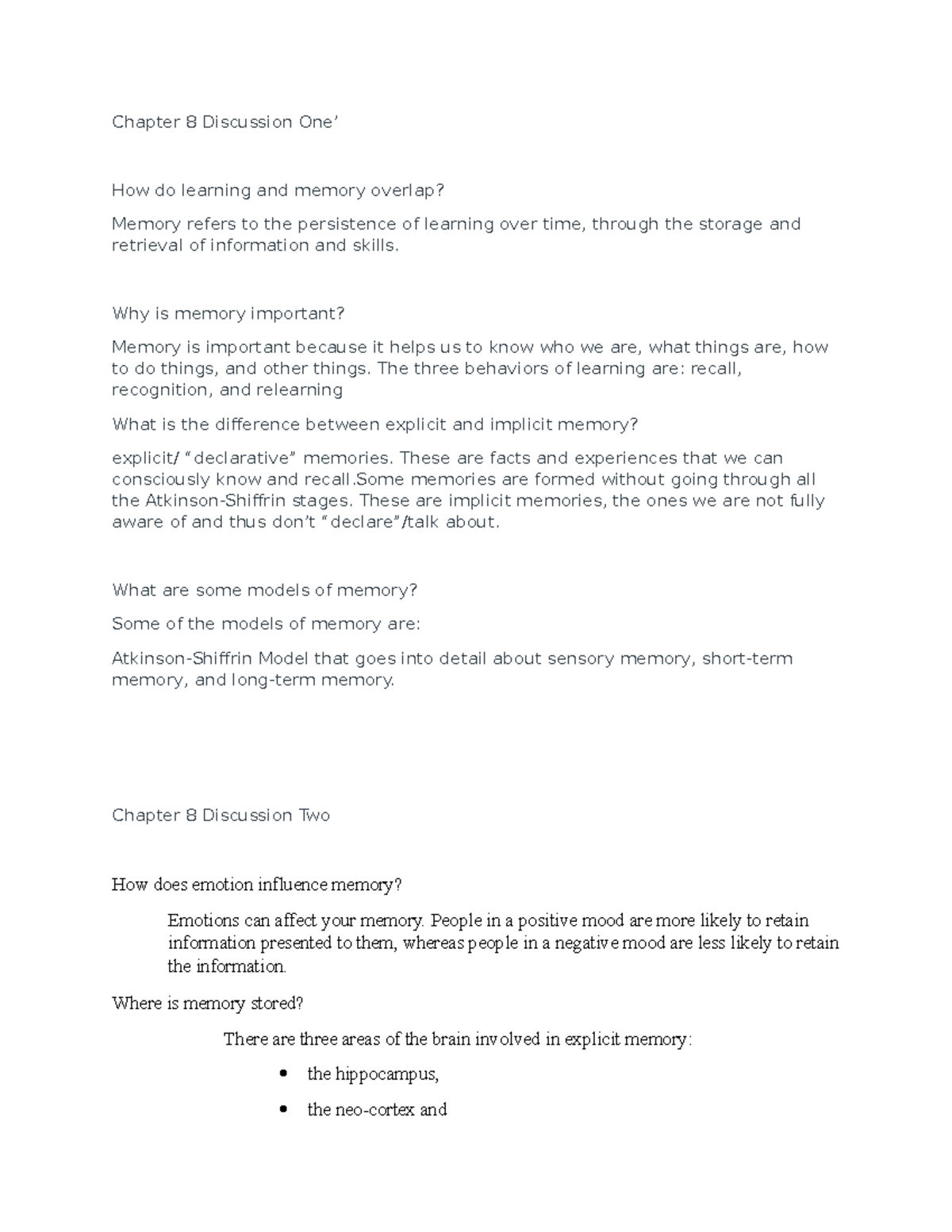 Chapter 8 Discussions: Learning, Memory & Emotion Insights - Studocu
