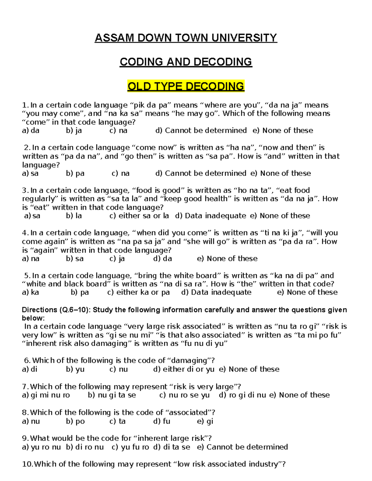 ASSAM DOWN TOWN UNIVERSITY CODING AND DECODING STUDY NOTES - Studocu