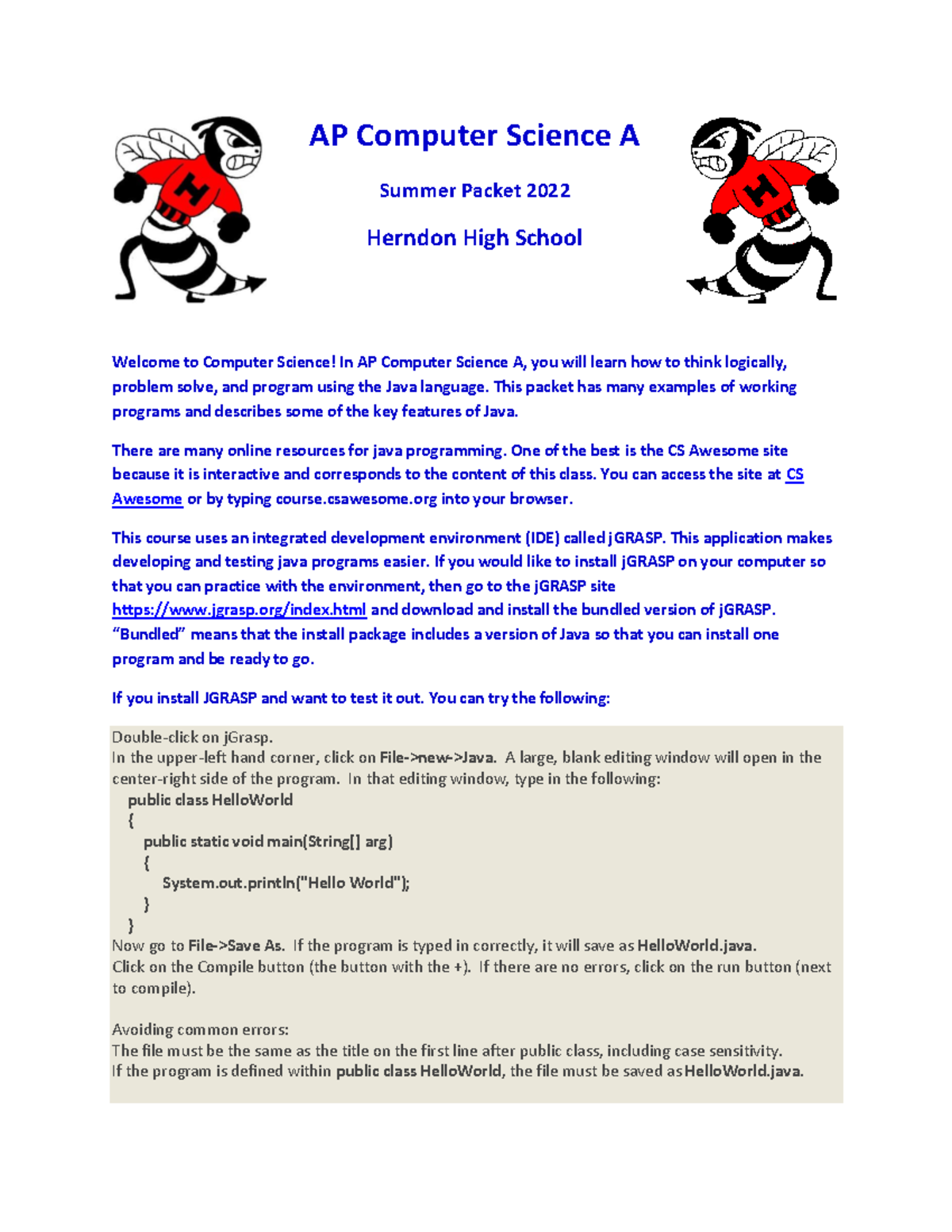 AP Computer Science A Summer 2022 - AP Computer Science A Summer Packet ...