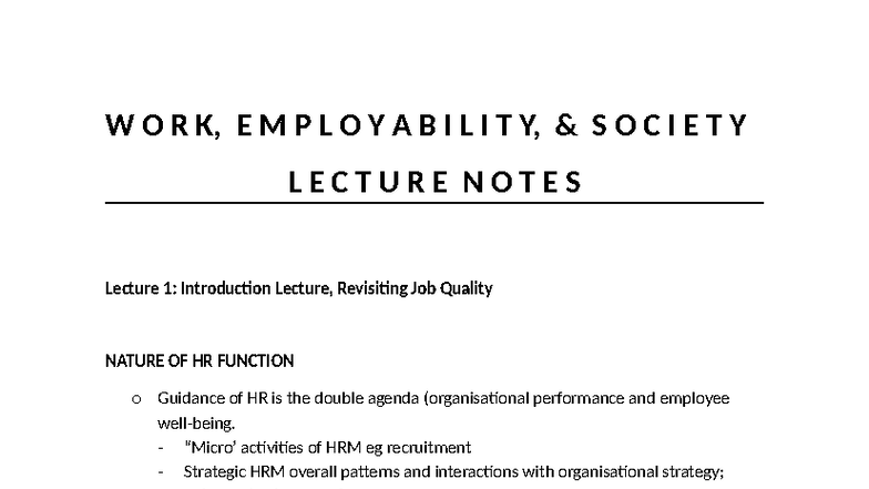 WES 101: Lecture Notes on Work, Employability, and Job Quality - Studocu