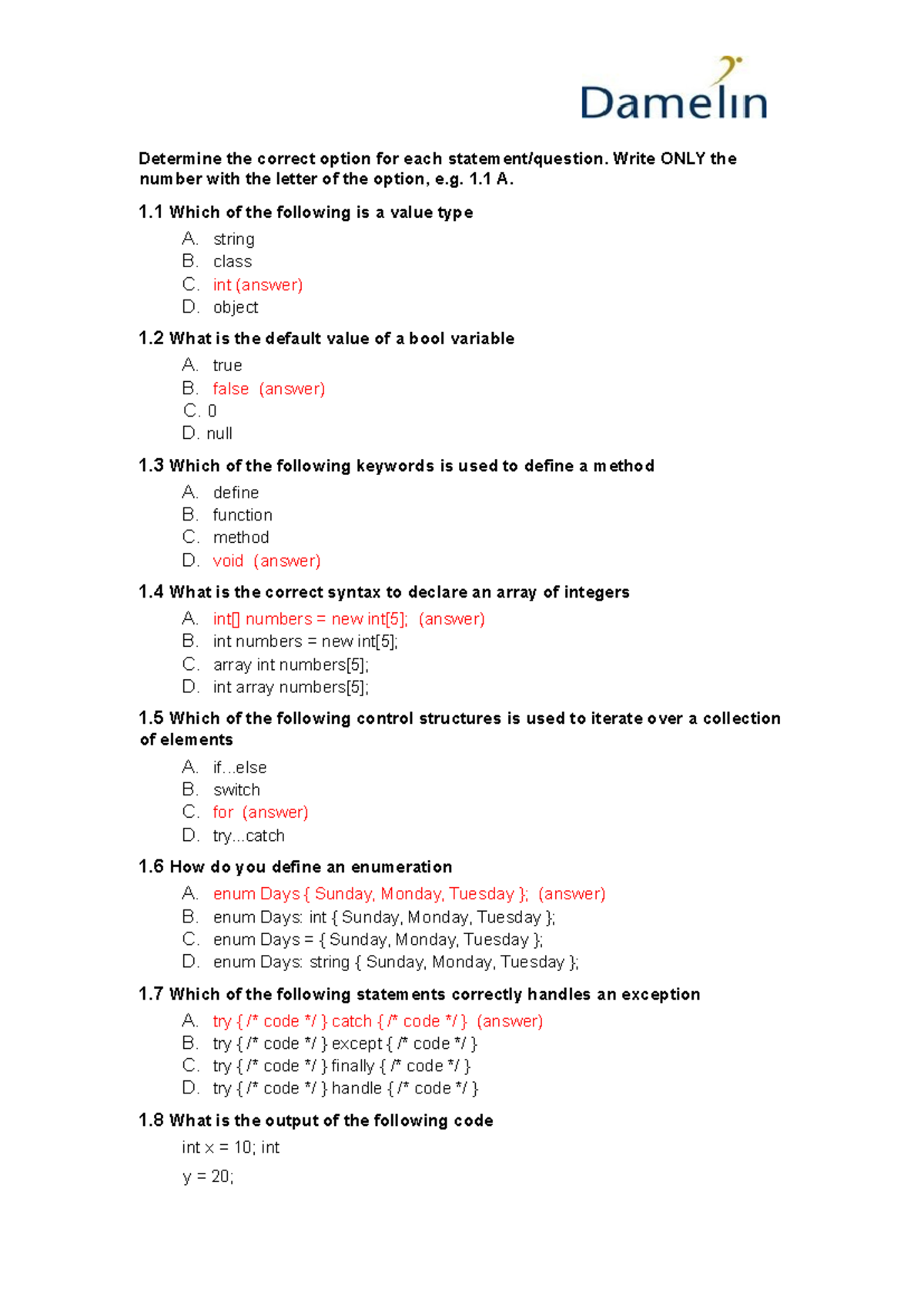 Programming 3A - Exam 2025 Sem1: Value Types, Methods & Arrays - Studocu