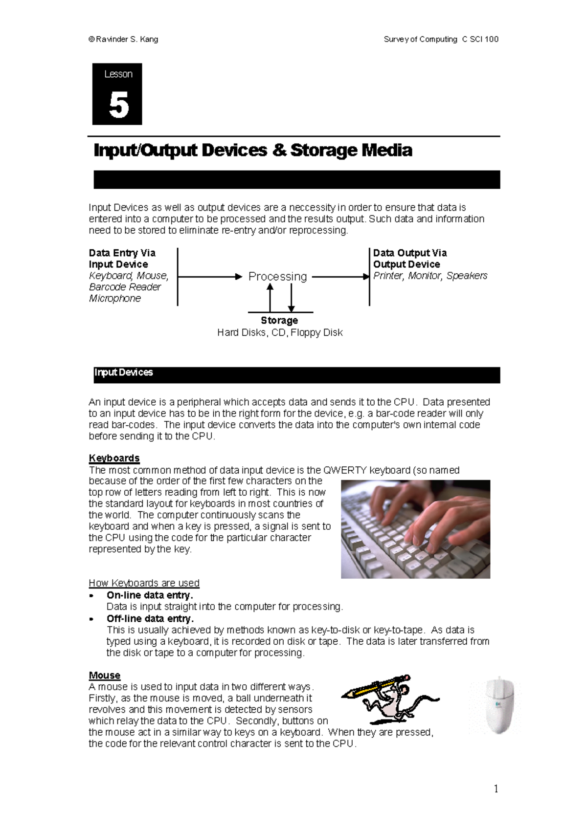 C SCI 100 Survey of Computing: Lesson 5 - Input & Output Devices - Studocu