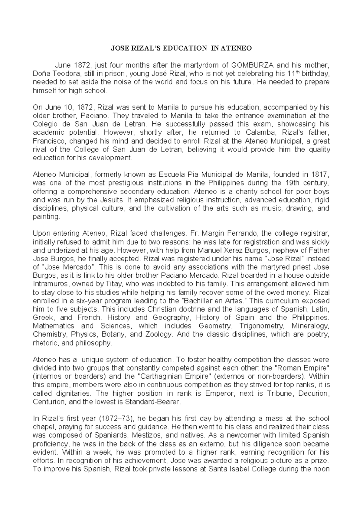 Ateneo Life and Achievement of Jose Rizal: A Comprehensive Study - Studocu