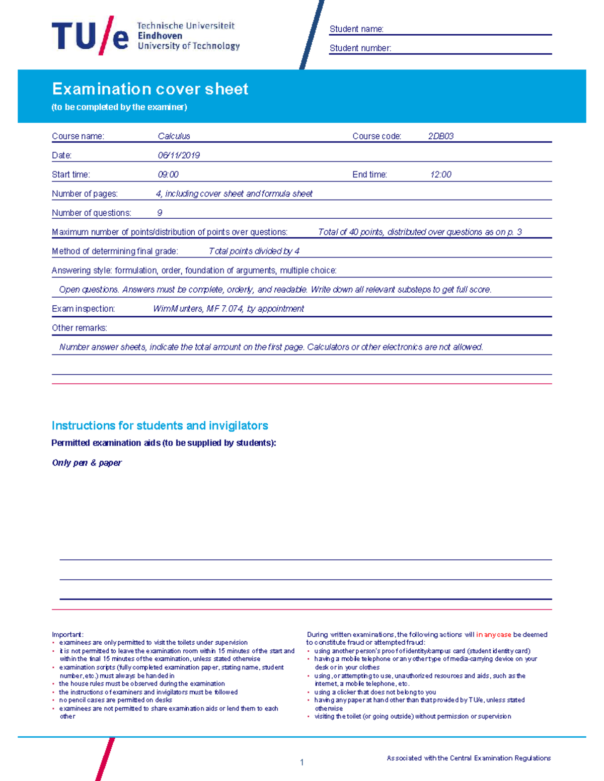 2DB03-2019 Final Exam Cover Sheet & Guidelines for Calculus - Studeersnel