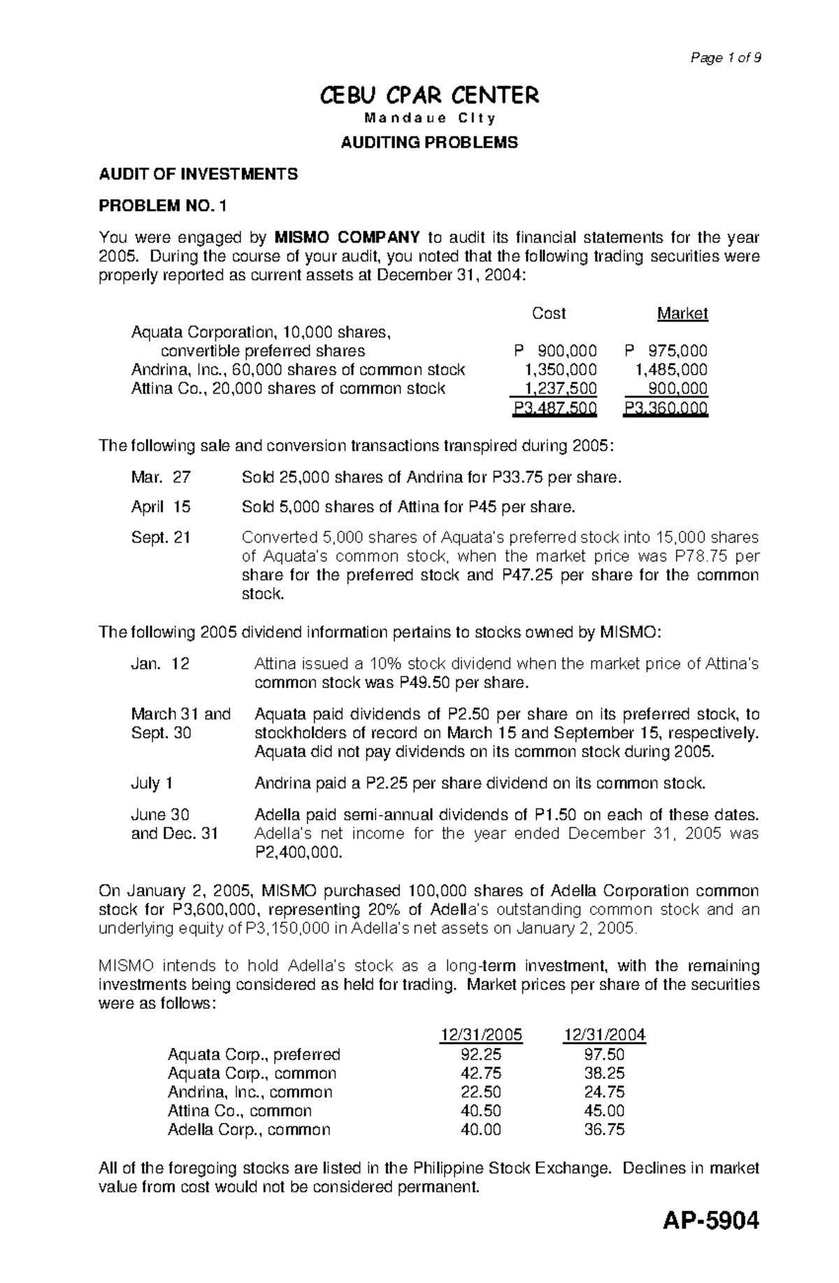 Audit of Investments - Test Bank Questions and Solutions - Document Preview