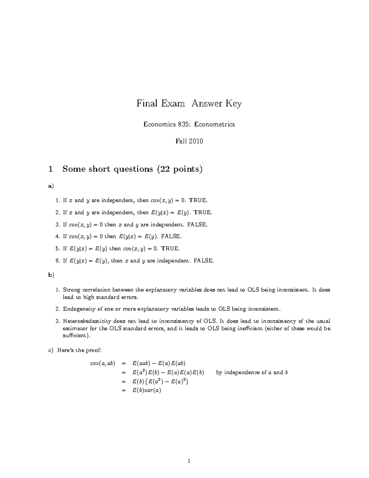 Fall 2010 Final Exam Answer Key - Final Exam Answer Key Economics 835 ...