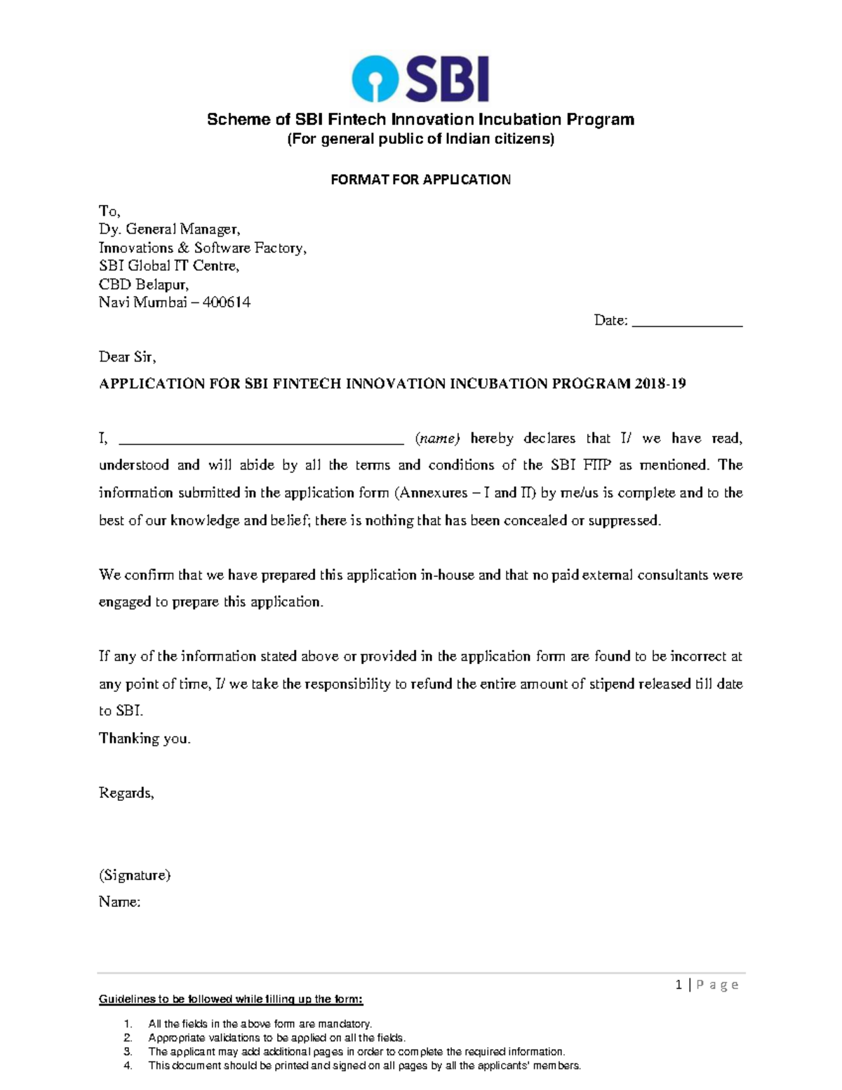 SBI FIIP Application Form for Fintech Innovation Incubation Program ...