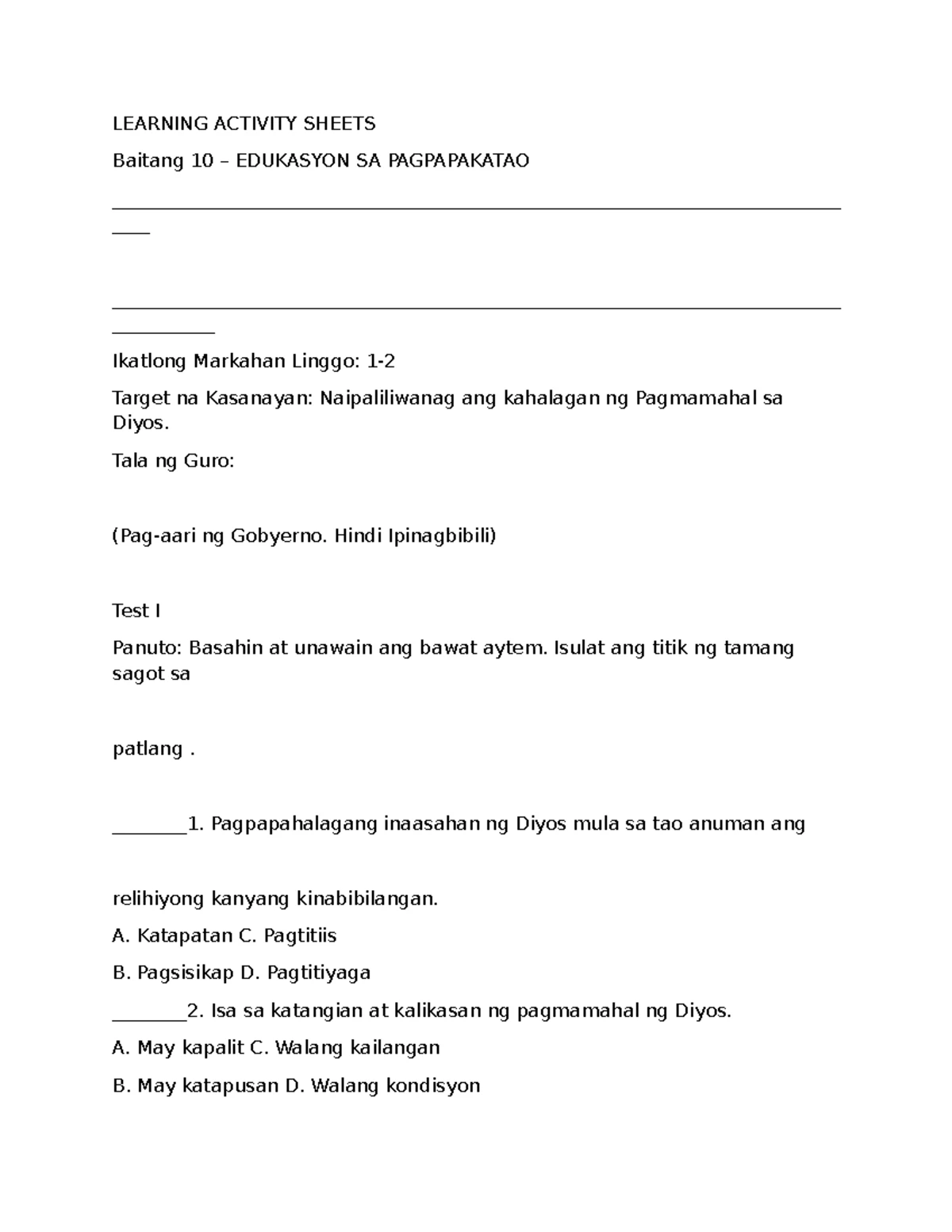 Grade 10 Math Learning Activity Sheets: Permutations & Meal Sets - Studocu