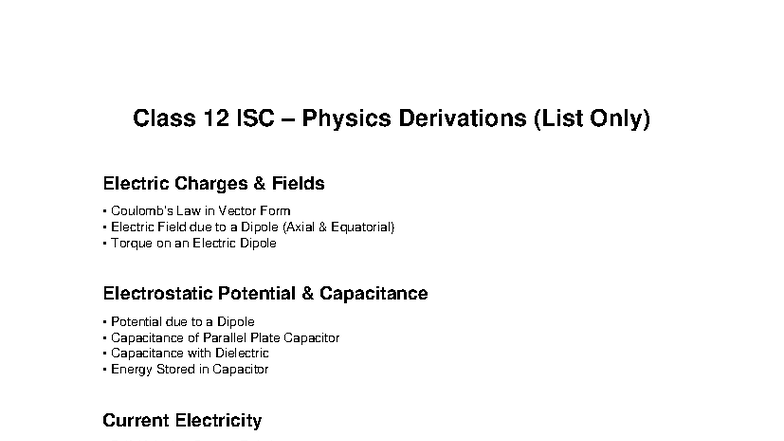 ISC Class 12 Physics Derivations List: Electric & Magnetic Concepts
