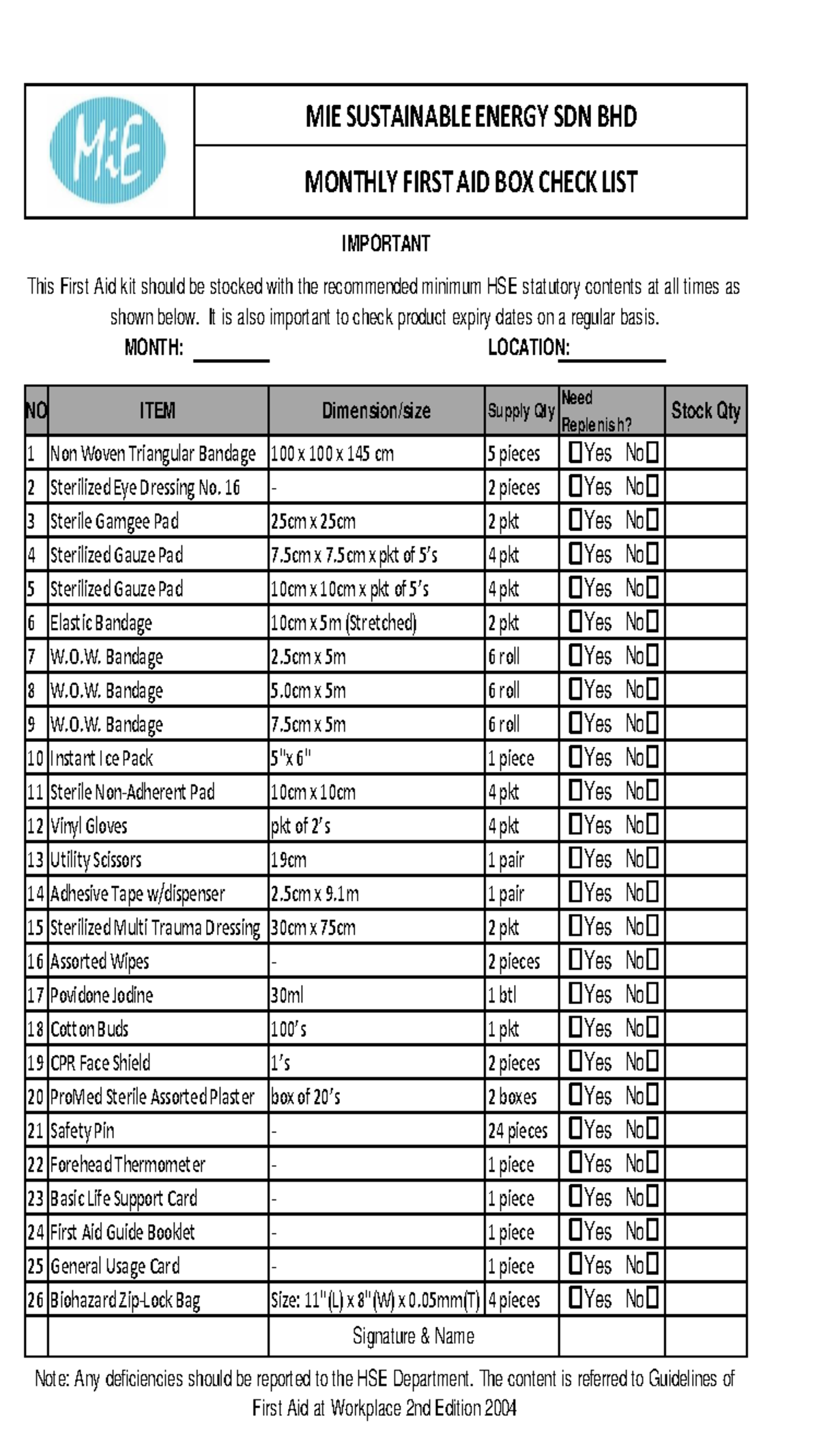 MSE-HSE-006-01 Monthly First Aid Box Checklist Rev 1 - Studocu