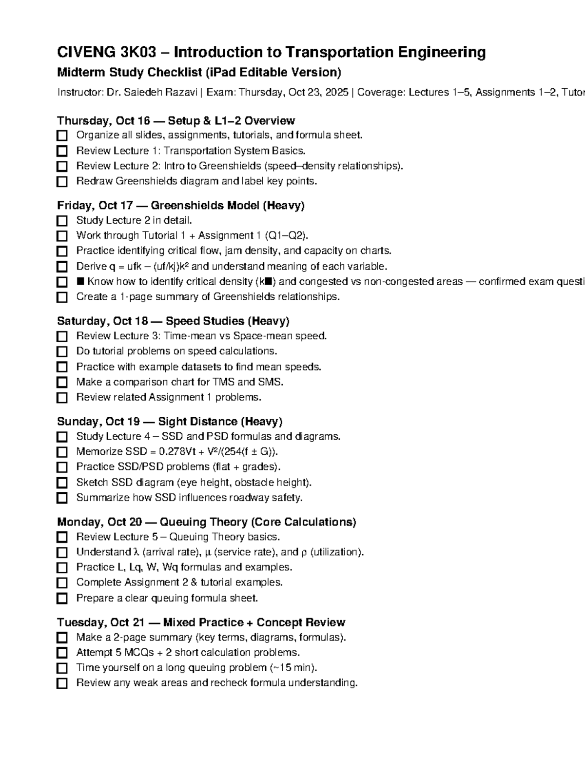 CIVENG 3K03 Midterm Study Checklist for Transportation Engineering ...