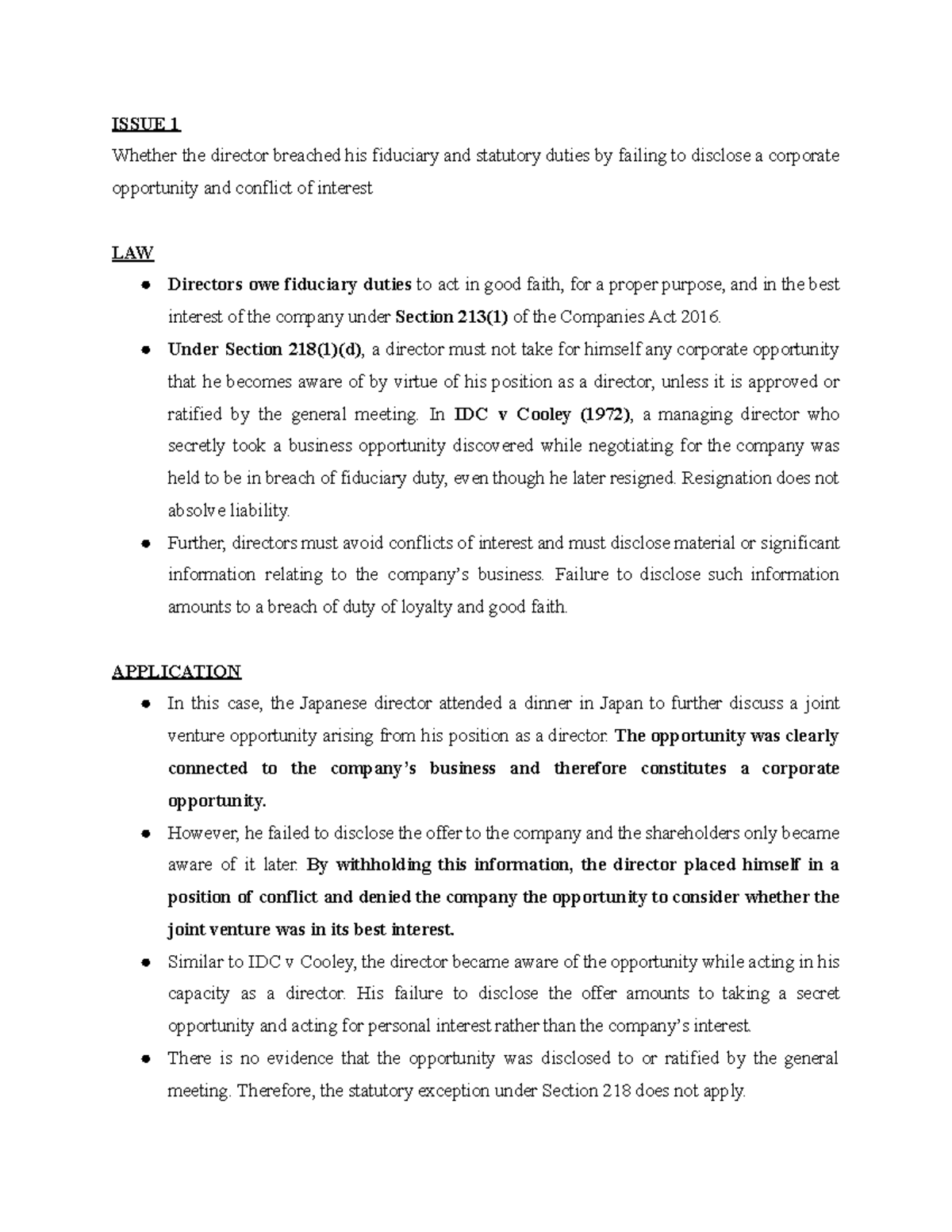 Corporate Test - Draft Answer on Fiduciary Duties and Conflicts - Studocu