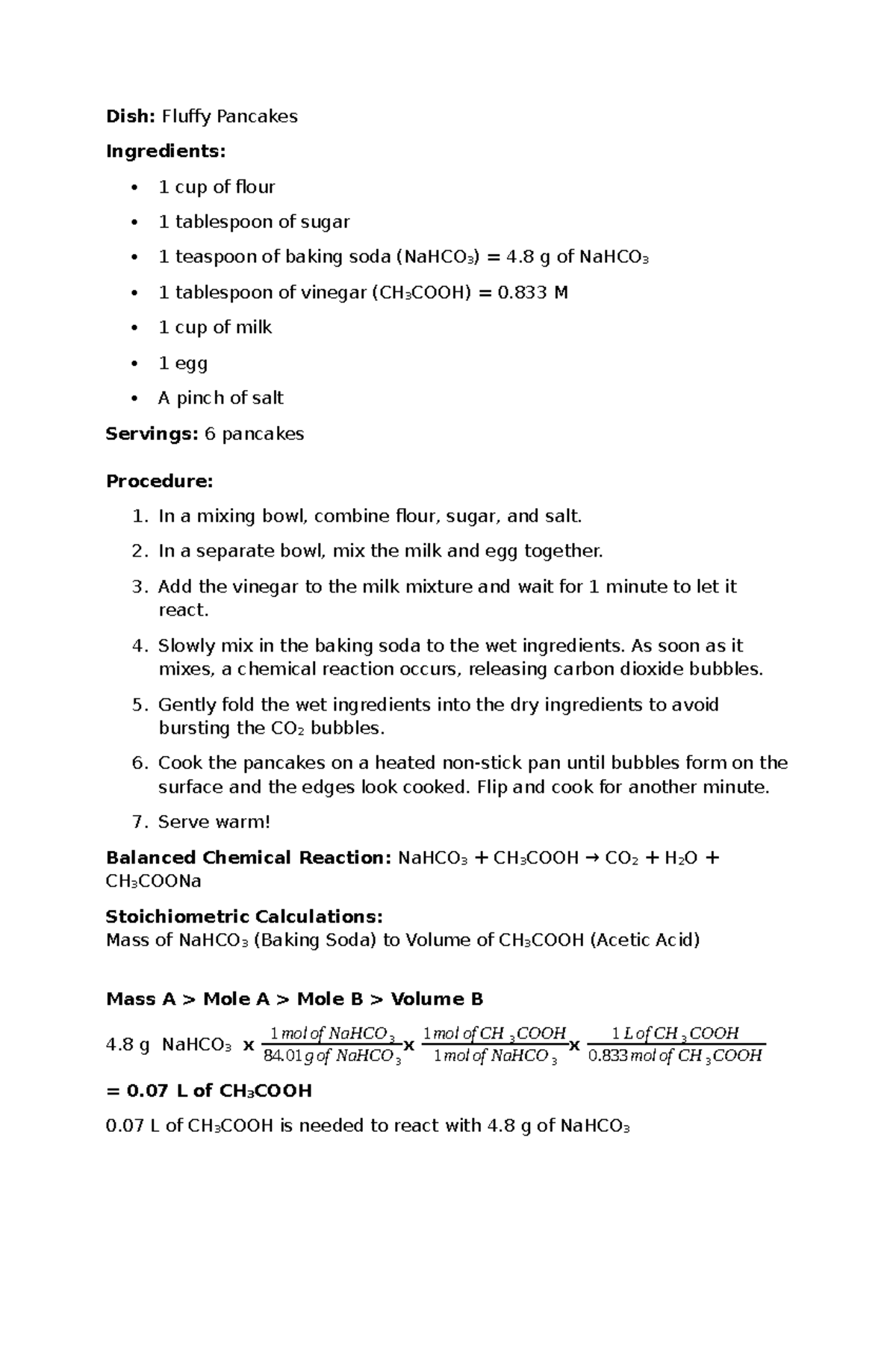 Sample Output in Chemistry 2 - Dish: Fluffy Pancakes Ingredients: 1 cup ...