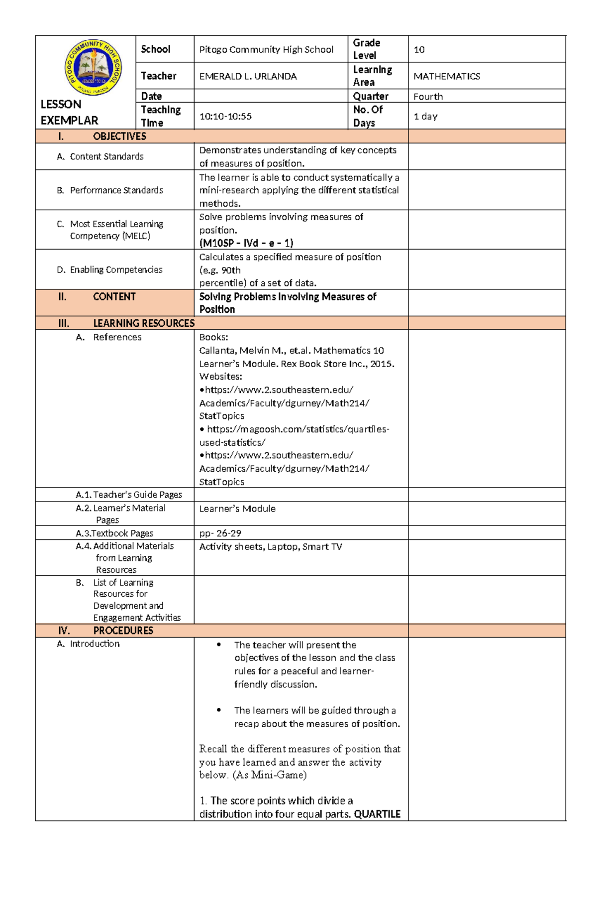 LE Math10 ELU Q4 COT - Lesson Plan on Measures of Position - Studocu